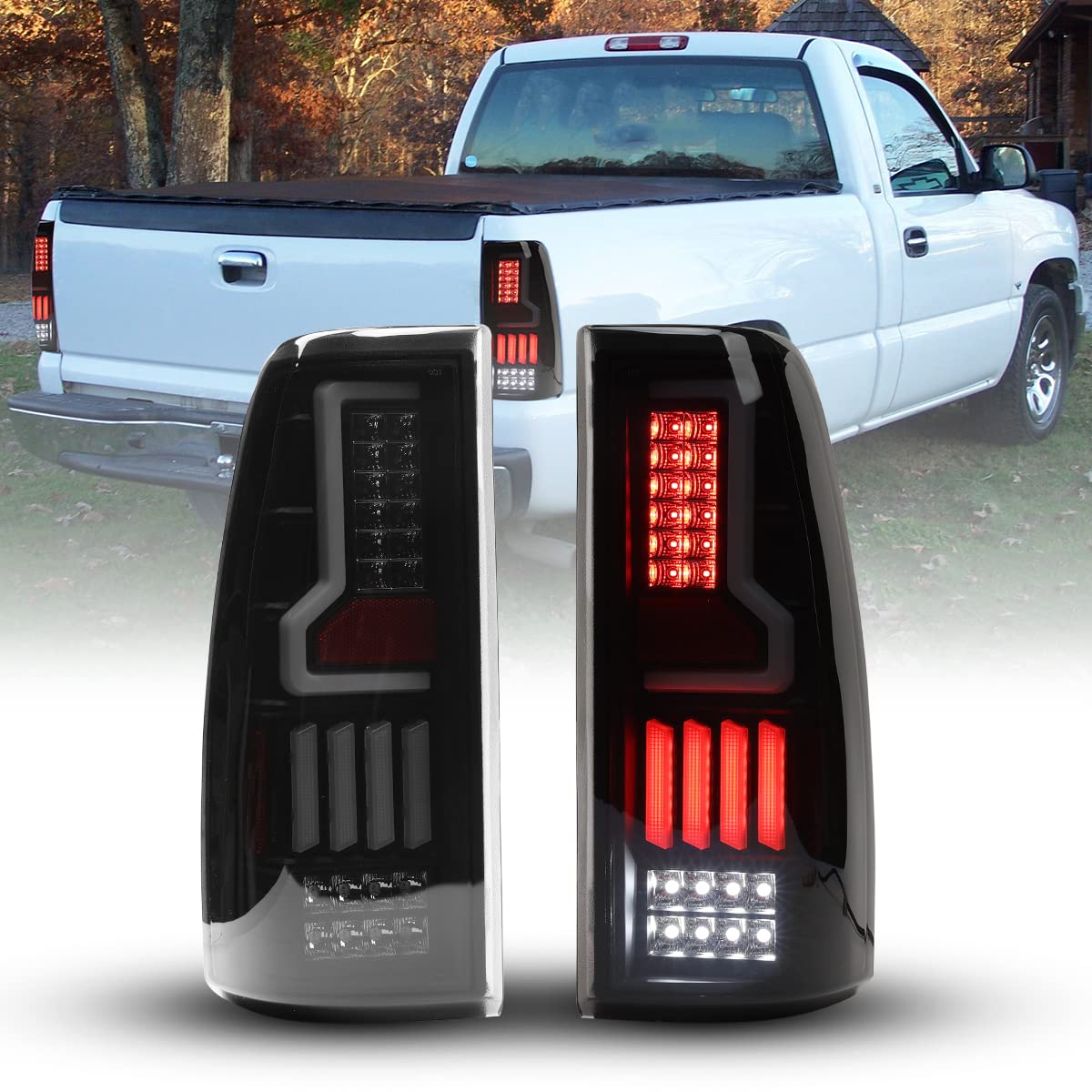 Winjet Smoked LED Tail Lights Assembly for 1999-2006 Chevy Silverado & 1999-2003 GMC Sierra - DRL, Turn Signal & Brake Running Lights (1 Pair Left+Right) | Off-Road Style Upgrade for Trucks & Night Driving Safety