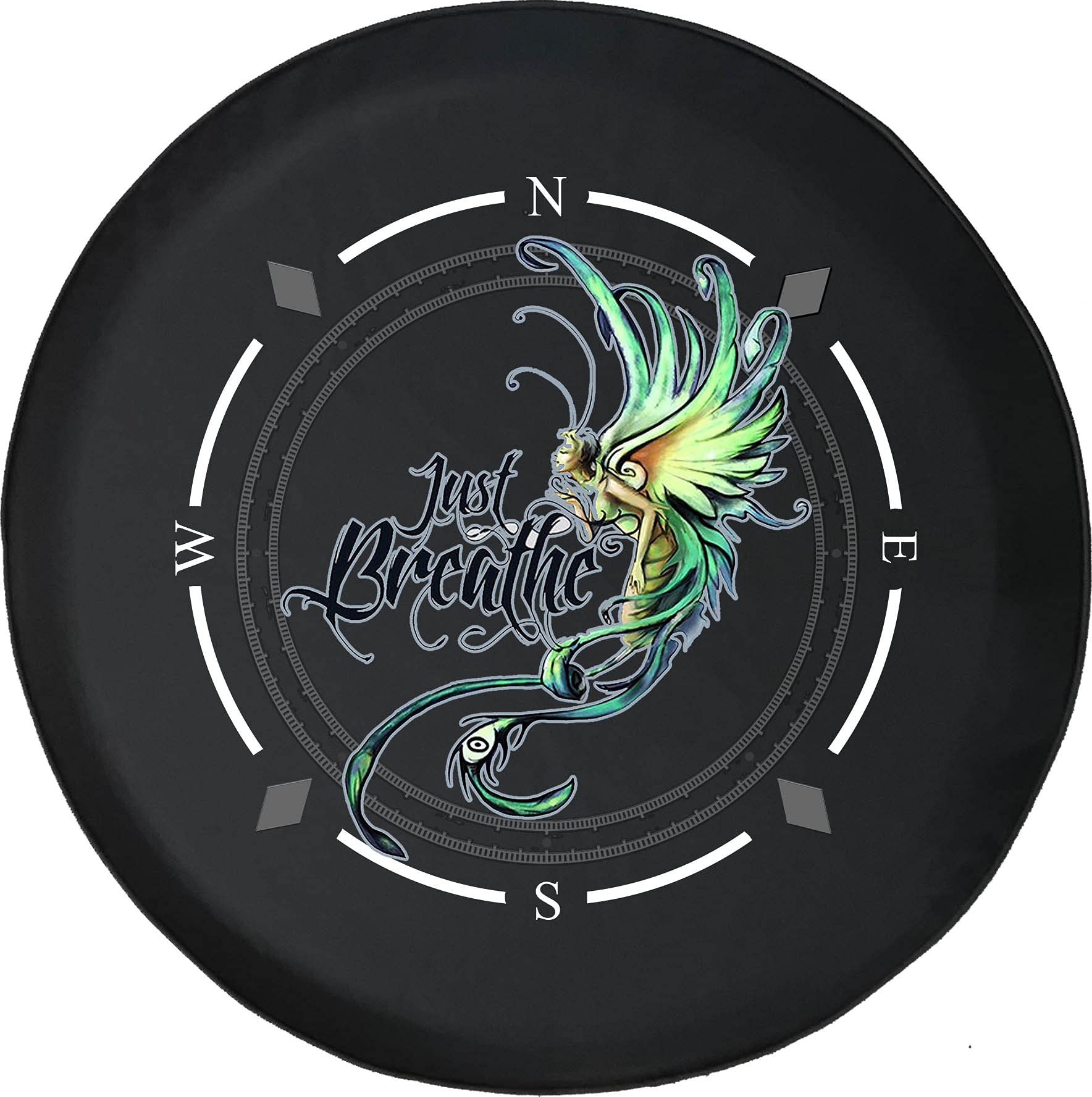 American Unlimited Spare Tire Cover with Compass Design - 'Just Breathe' Fairy Wheel Cover for SUV, Trailer, RV Accessories - Universal Fit for Most Vehicles - Perfect for Road Trips & Outdoor Adventures