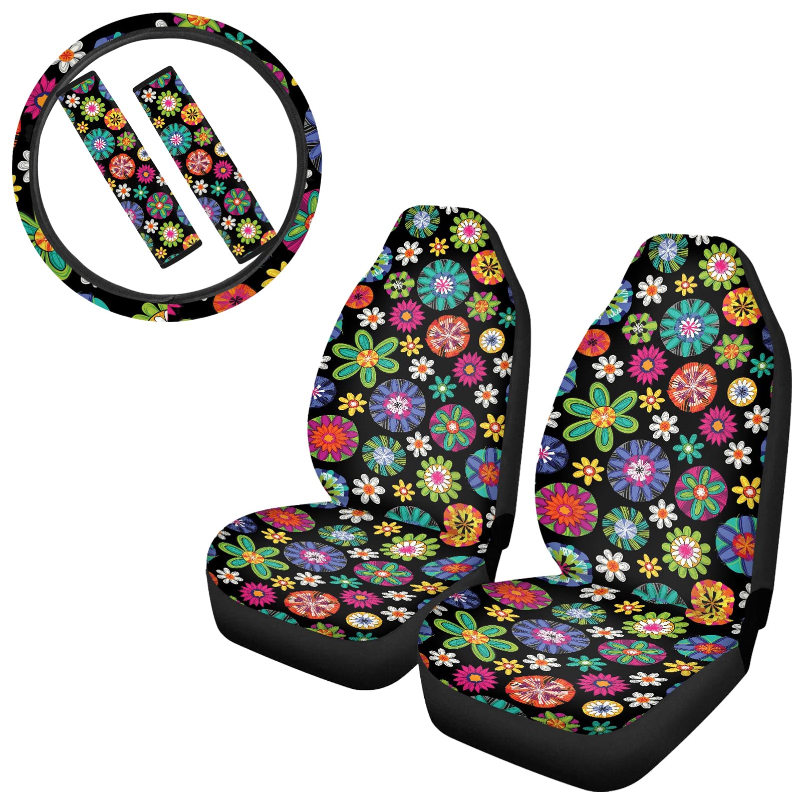 Vibrant Abstract Hippie Flower Car Seat Covers Set - Steering Wheel Cover & 2 Seat Belt Pads (5-Piece) | Universal Fit for SUV, Van, Sedan | Interior Protection & Stylish Decor for Women | Perfect for Road Trips & Daily Commutes