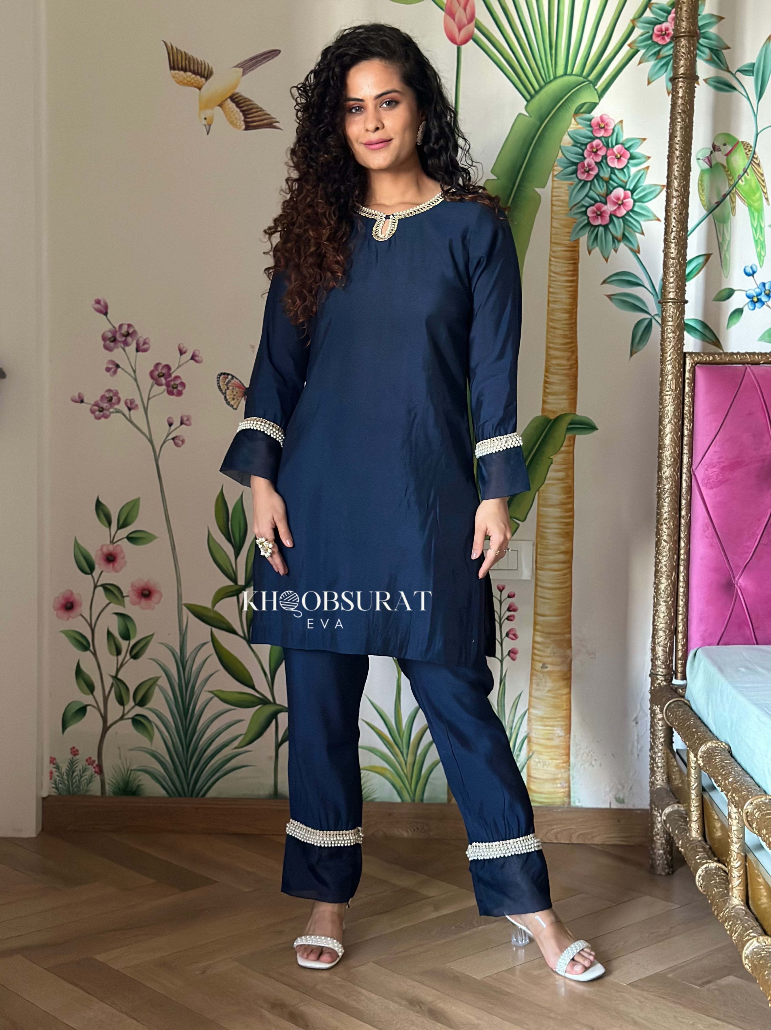 Royal Blue Pearl Embroidered Kurta Set for Women - Elegant Indian Ethnic Wear for Festivals, Weddings & Special Occasions