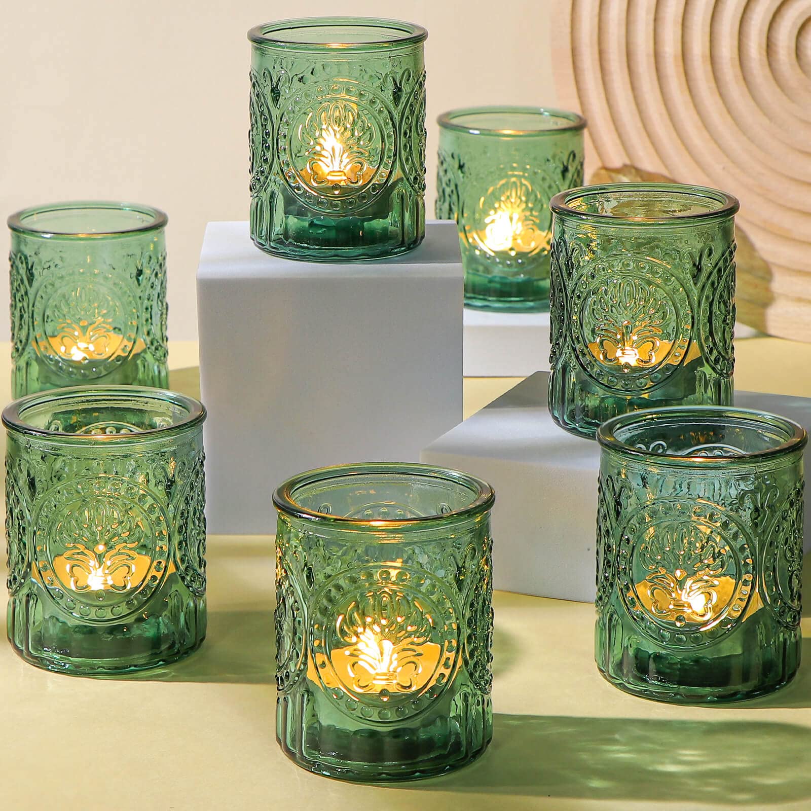 12-Pack Green Glass Votive Candle Holders - Vintage Tealight Candle Holders for Wedding Centerpieces, Bulk Tea Light Holders for Christmas & Thanksgiving Table Decor - Perfect for Holiday Parties, Dinner Tables & Romantic Ambiance