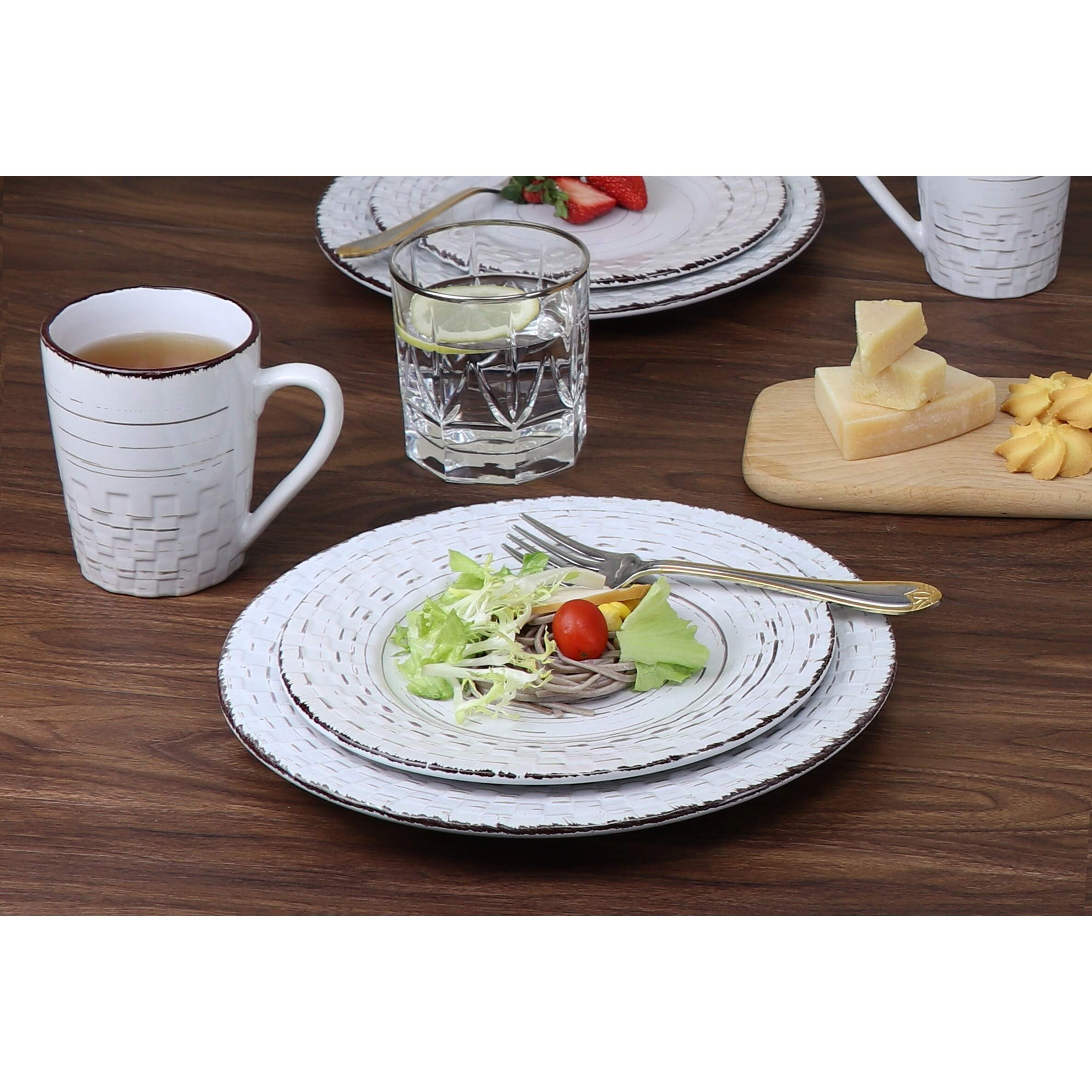 16-Piece Distressed Weave Dinnerware Set - White Farmhouse Stoneware Plates & Bowls | Microwave & Dishwasher Safe | Rustic Tableware for Casual Dining, Entertaining & Everyday Use