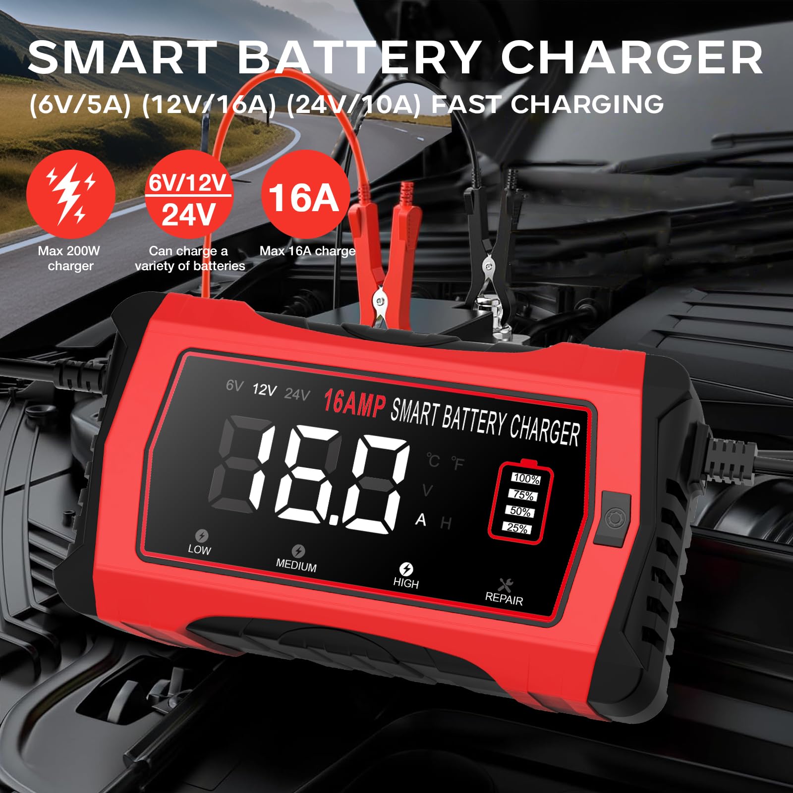16-Amp Smart Battery Charger for 6V/12V/24V Automotive Batteries - Universal Car, SUV, Motorcycle & Boat Charger with Trickle Charge Mode - Compatible with Lead-Acid, Lithium & LiFePO4 Batteries - Perfect for Winter Storage, Long-Term Maintenance & Emergency Charging
