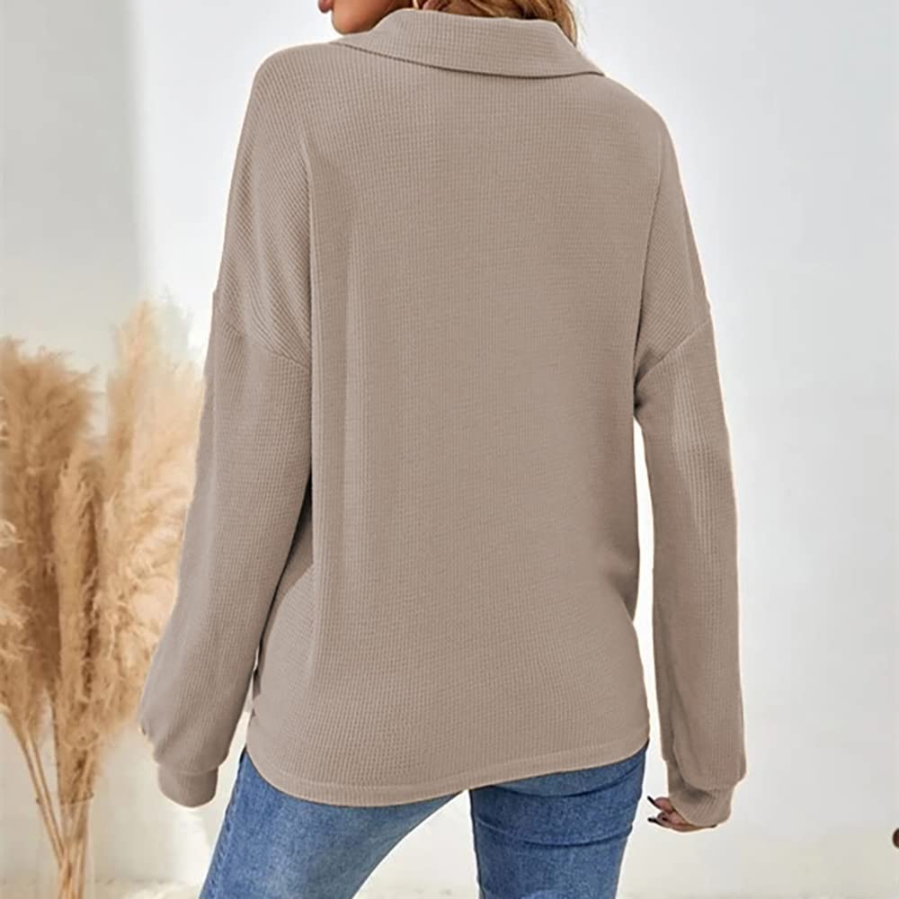 Mayntop Women's Pullover Sweater - Waffle Knit, Solid Color, Half Button, Batwing Sleeve, Turndown Collar, Loose Fit | Casual Wear, Office Outfits, Fall & Winter Fashion
