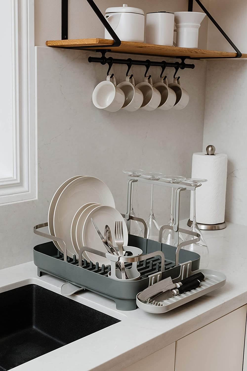 Umbra Holster Deluxe Dish Rack - Premium Countertop Drying Rack for Dishes & Utensils, Space-Saving Kitchen Organizer, Charcoal Grey - Perfect for Small Kitchens & Apartments