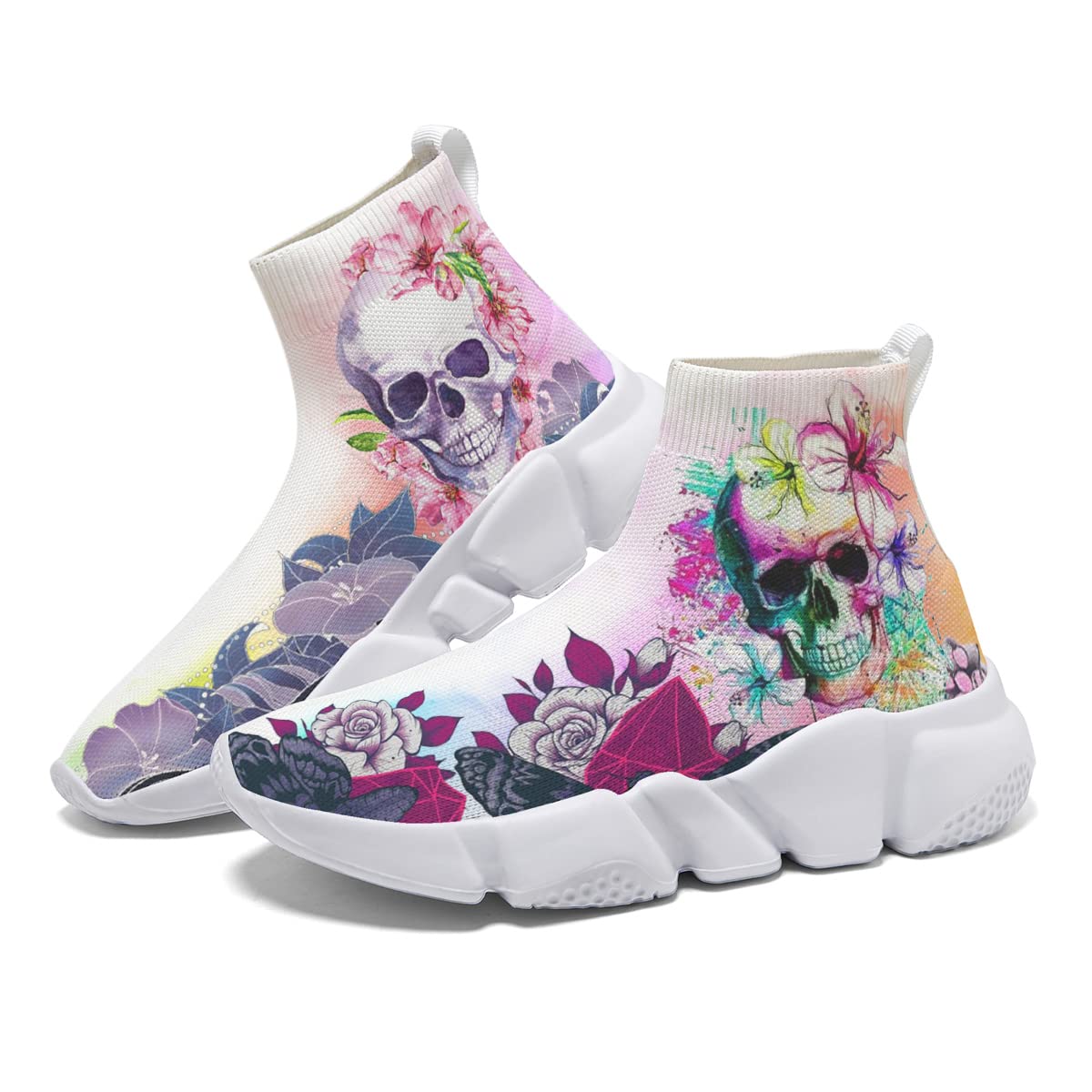 Hetios Women's Fashion Skull Print Slip-On Sneakers - Breathable Knit Running Shoes for Jogging, Walking & Casual Wear - White Athletic Shoes for Women - Perfect for Gym, Workout & Daily Outfits
