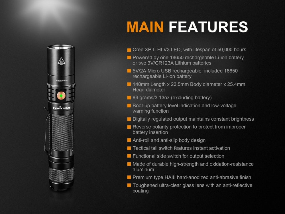 Fenix UC35 V2.0 Rechargeable LED Flashlight - 1000 Lumens, USB-C Charging, Tactical EDC Light for Camping, Hiking & Emergency Preparedness