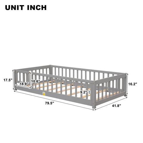 Twin Size Floor Platform Bed with Safety Fence - Wooden Playpen Bed for Kids & Toddlers - No Box Spring Needed - Grey - Perfect for Nursery, Daycare or Kids' Bedroom Safety