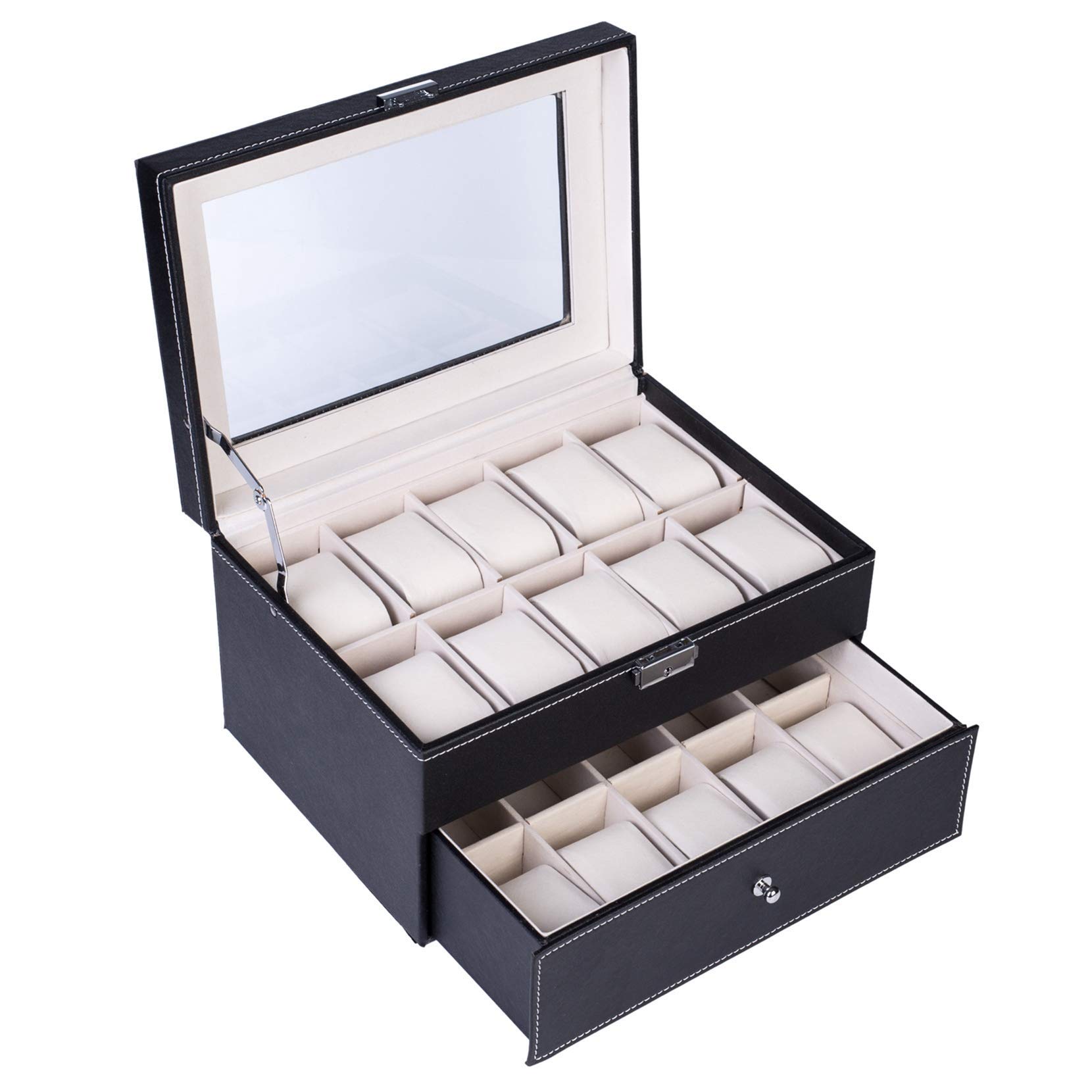 Elegant Black Wooden Watch Box with 20 Compartments - Dual Layer Watch Organizer for Men & Women | Perfect for Watch Storage, Display & Travel | Luxury Watch Case for Home & Office