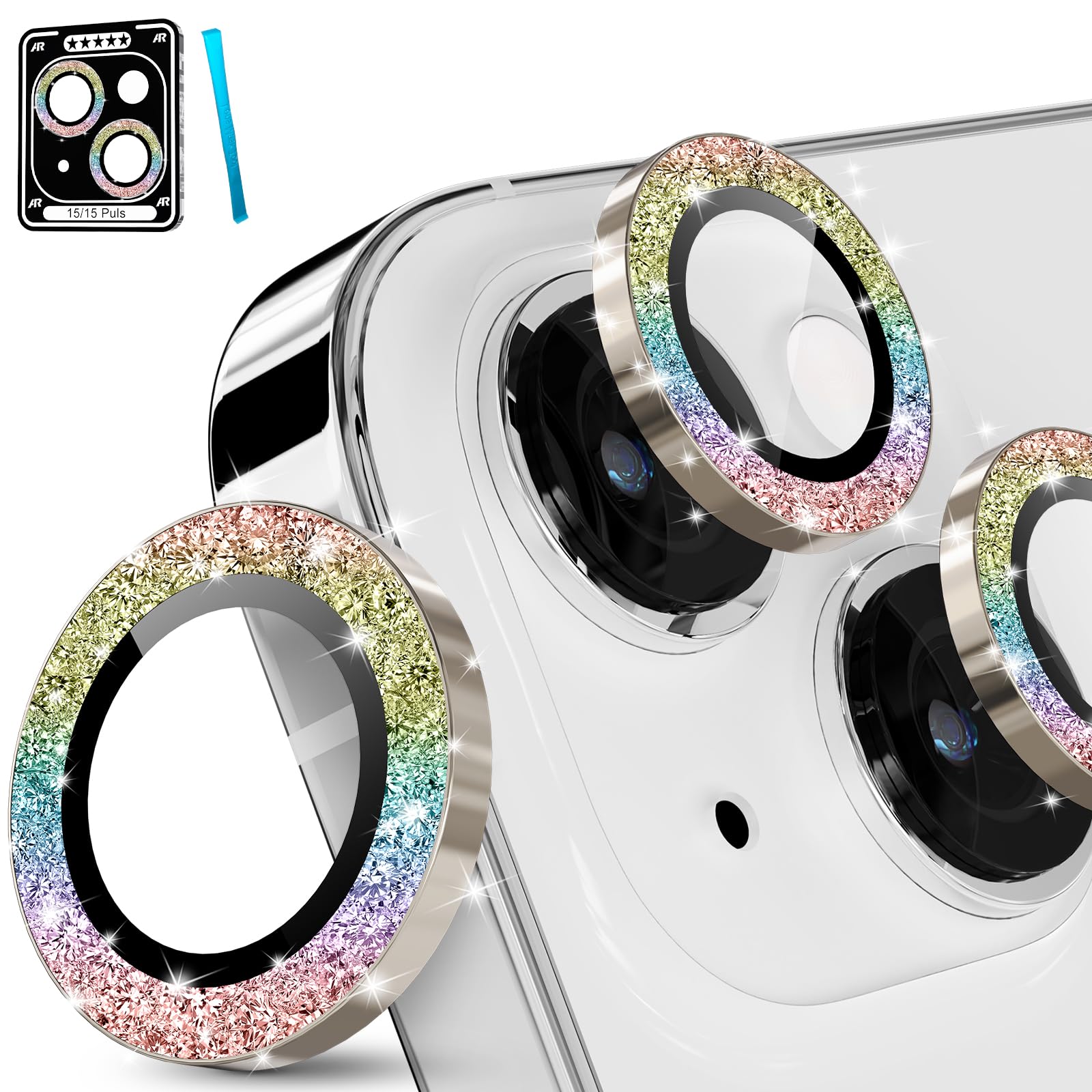 iMLuckies iPhone 15 & iPhone 15 Plus Camera Lens Protector - HD Clear Aluminum Alloy Ring with 9H Tempered Glass, Glitter Colorful Back Screen Protector | Perfect for Photography Enthusiasts & Fashion Lovers
