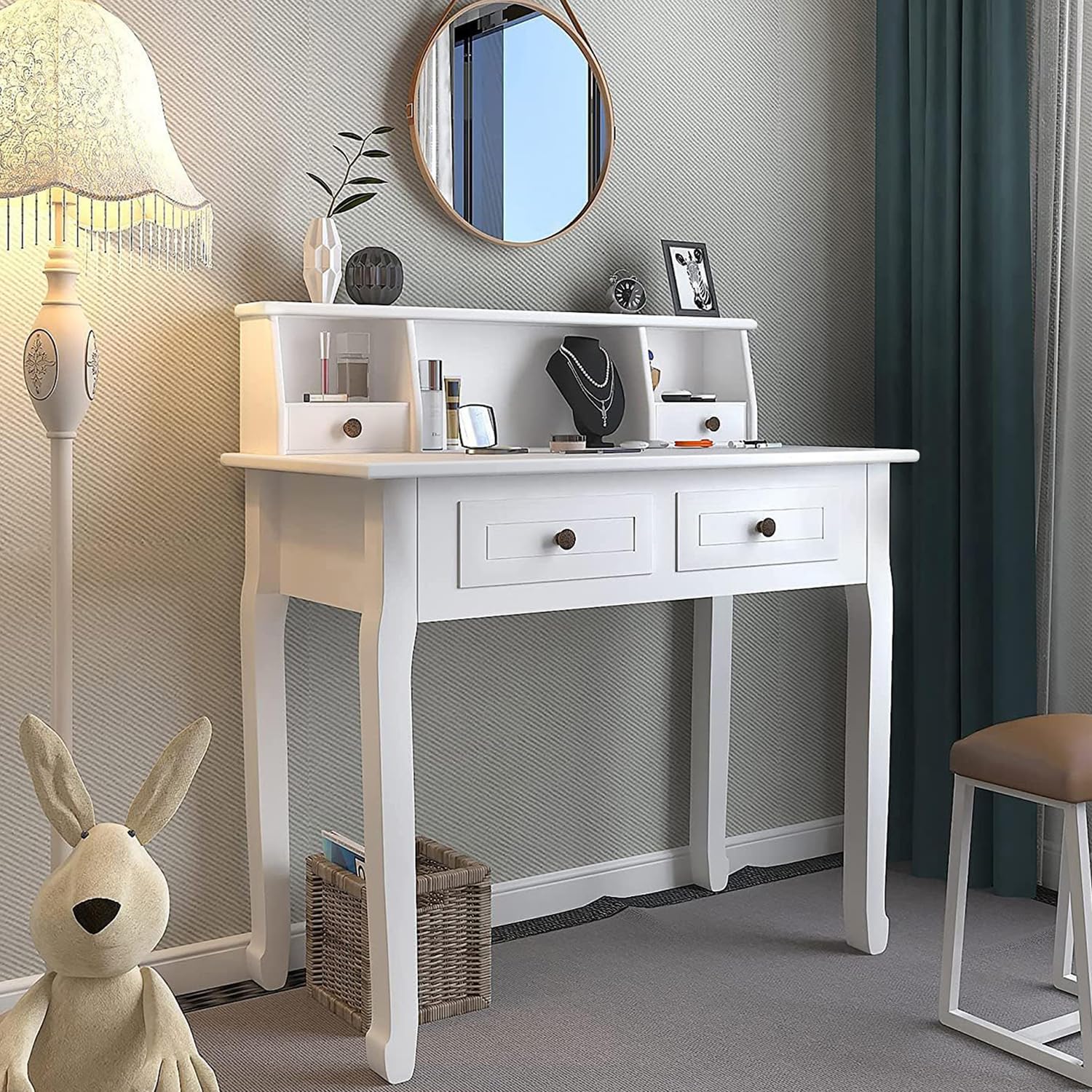 DMAITH 32 Inch Small Writing Desk with Hutch & Drawers - Compact Home Office Desk, Study Table, Computer Desk for Students, Space-Saving Vanity Makeup Dressing Table - Perfect for Bedroom, Dorm, Apartment (White)