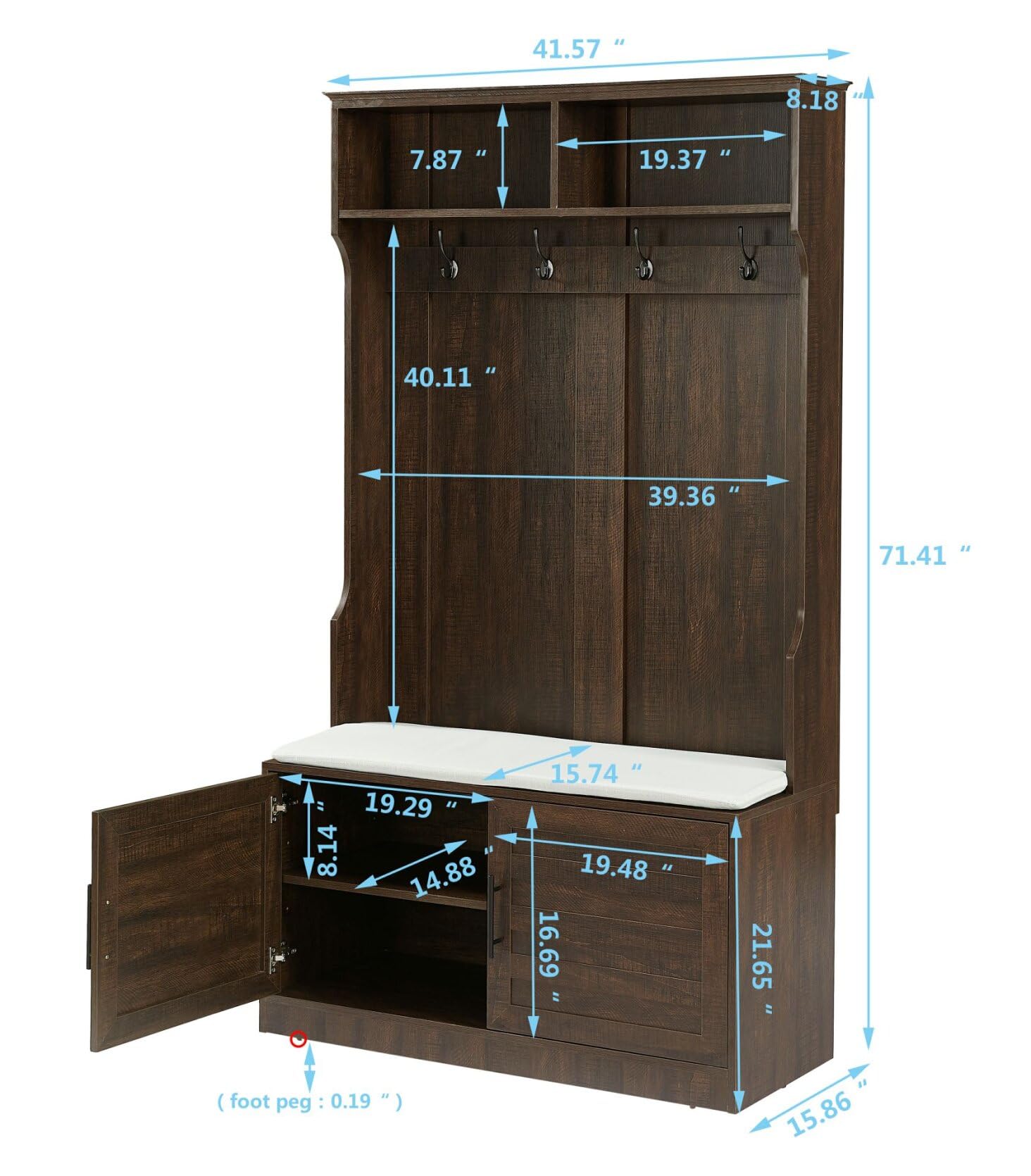 Corner Hall Tree with Bench - Entryway Coat Rack with 4 Hooks, Shoe Storage & Shelf - Space Saving Organizer for Home, Office, Bedroom or Mudroom - Perfect for Small Spaces & Entryway Organization
