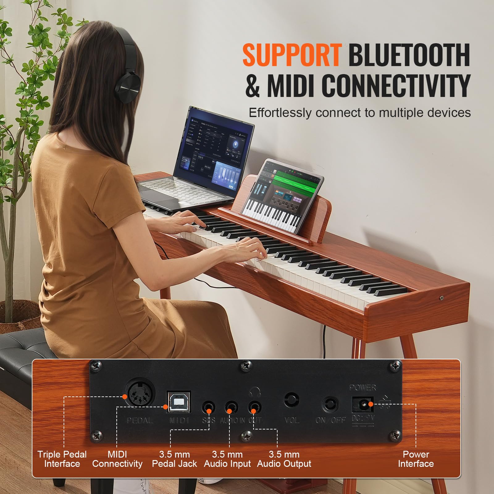 VEVOR 88-Key Fully Weighted Digital Piano with Stand - Professional Electric Keyboard with 200 Tones & Rhythms, Bluetooth/USB/MIDI Connectivity, Built-in Speakers & Headphone Jack - Perfect for Beginners, Home Practice & Studio Recording