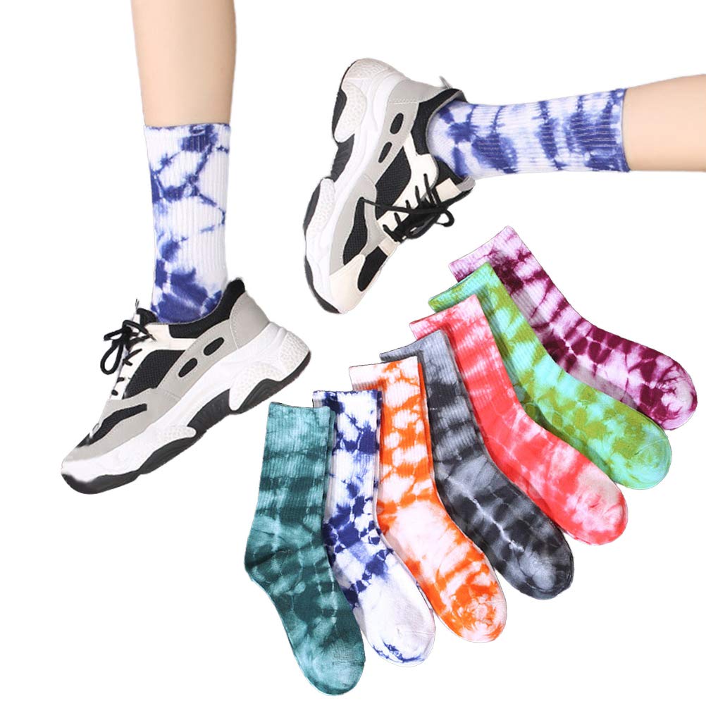7-Pair Harajuku Cotton Skate Socks - Tie Dye Basketball Socks for Men & Women - Breathable Long Socks for Skateboarding, Hip Hop, Sports & Casual Wear (Random Colors)