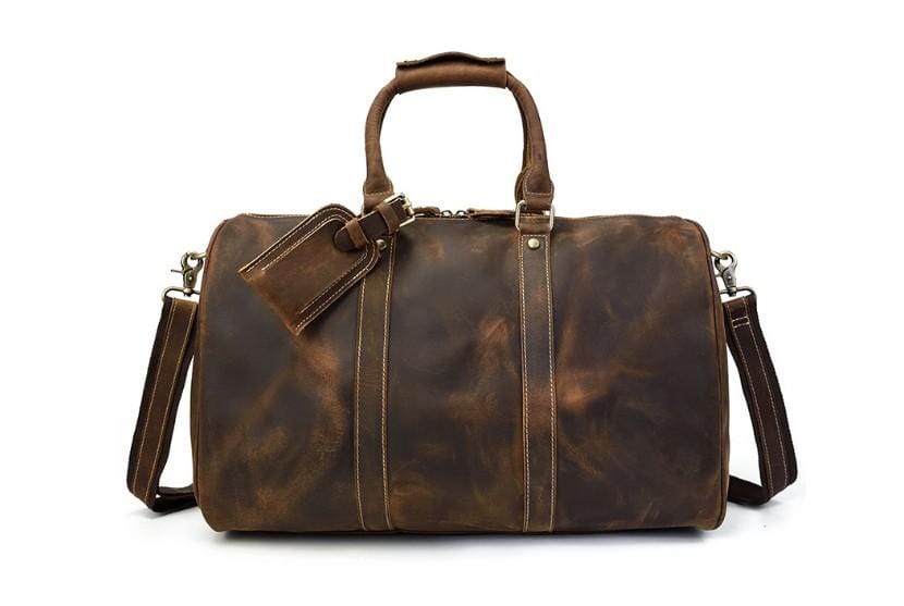 Vintage Distressed Brown Leather Duffle Bag for Men - Stylish Travel Luggage & Gym Bag for Weekend Getaways & Workouts