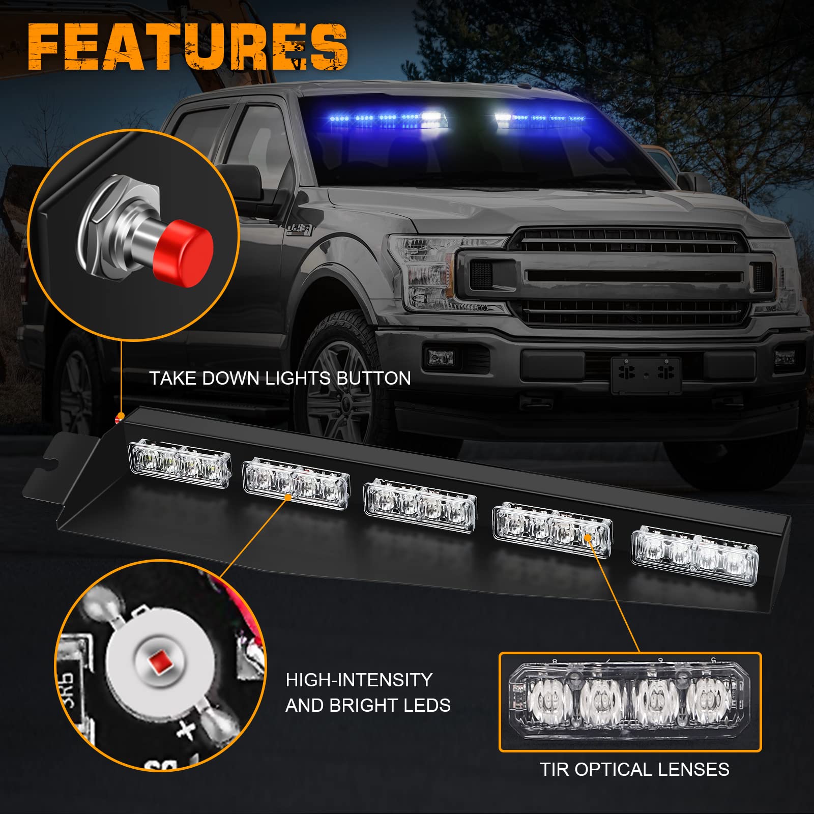 XRIDONSEN 40 LED Blue Emergency Visor Light Bar - 2x17 Inch Interior Windshield Strobe Warning Lights with White Take Down Deck & Split Mount for Police, Firefighter, Security Vehicles & Trucks - Perfect for Roadside Emergencies, Night Patrols & Traffic Control