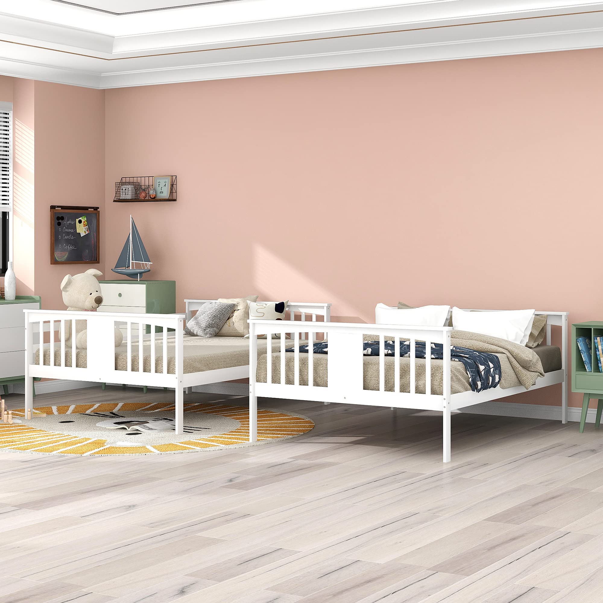 P PURLOVE Modern Full Over Full Bunk Bed Frame with Ladder - Convertible to 2 Twin Beds - Sturdy Wood Construction with Safety Rail - White - Perfect for Kids' Bedroom, Guest Room & Space-Saving Solutions