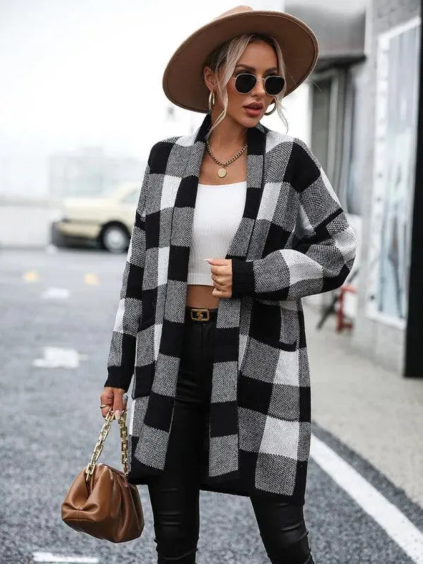 Stylish Loose Plaid Color Block Knit Cardigan Sweater for Women - Cozy Fall & Winter Fashion - Perfect for Office, Dating and Casual Outings