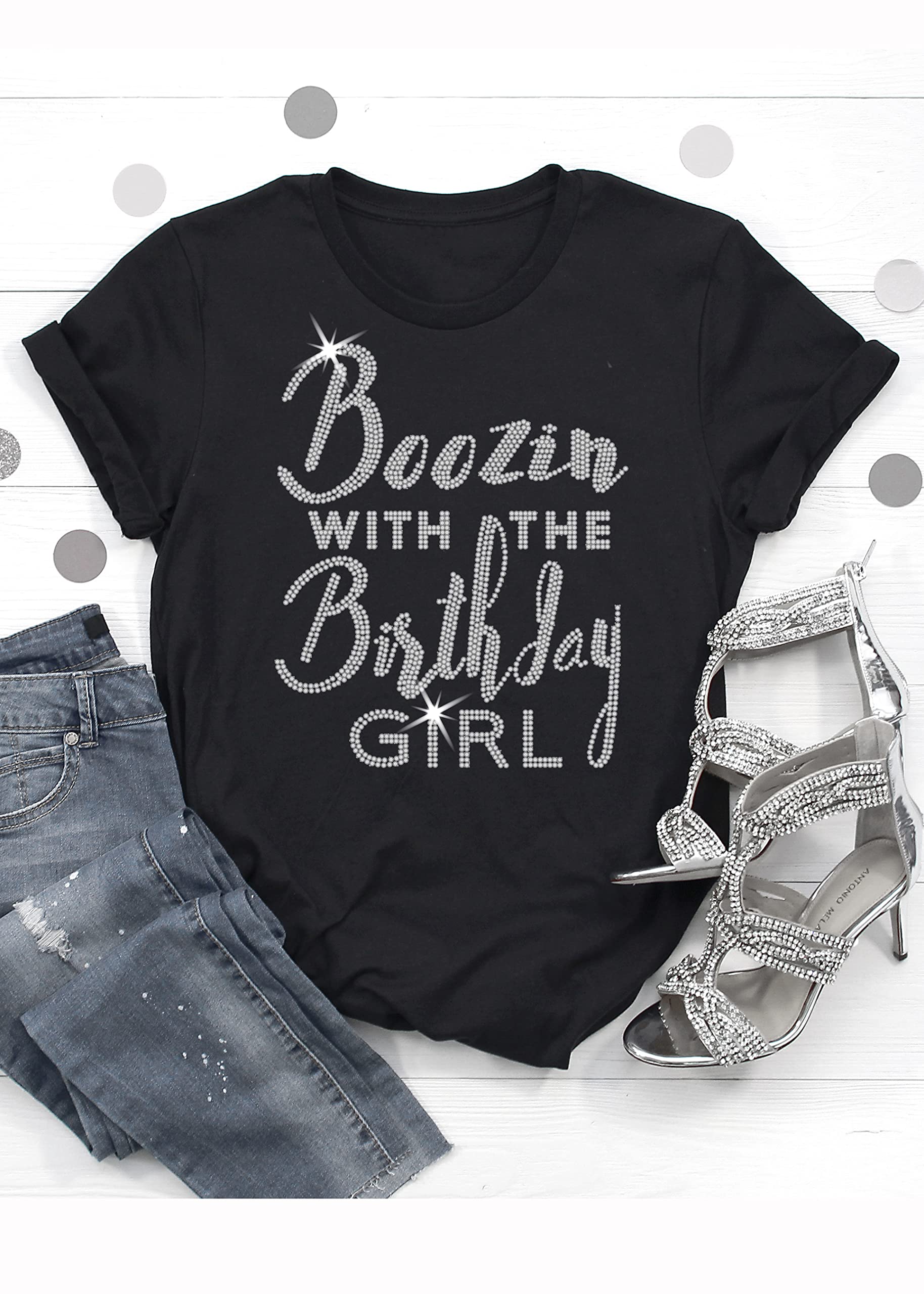 Birthday Shirts for Women - Crystal Rhinestone Birthday Squad T-Shirts - Women's Birthday Tops for Party, Celebration & Girls Night Out
