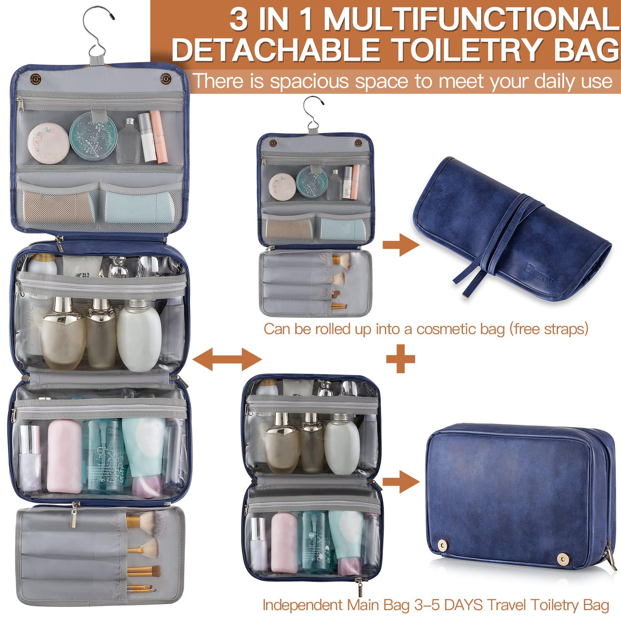 Elviros Hanging Travel Toiletry Bag for Men & Women - 3-in-1 Large Waterproof Makeup Organizer with PU Leather - Perfect for Bathroom, Camping & Air Travel Accessories Storage