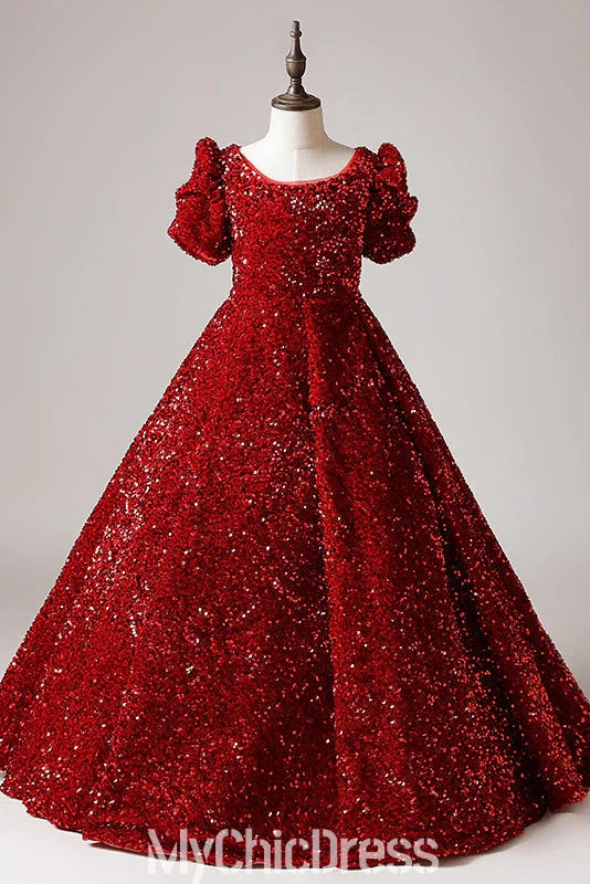 Elegant Red Sequins Pageant Gown - Floor Length Princess Dress with Short Sleeves for Pageants, Prom, Quinceañera & Special Occasions