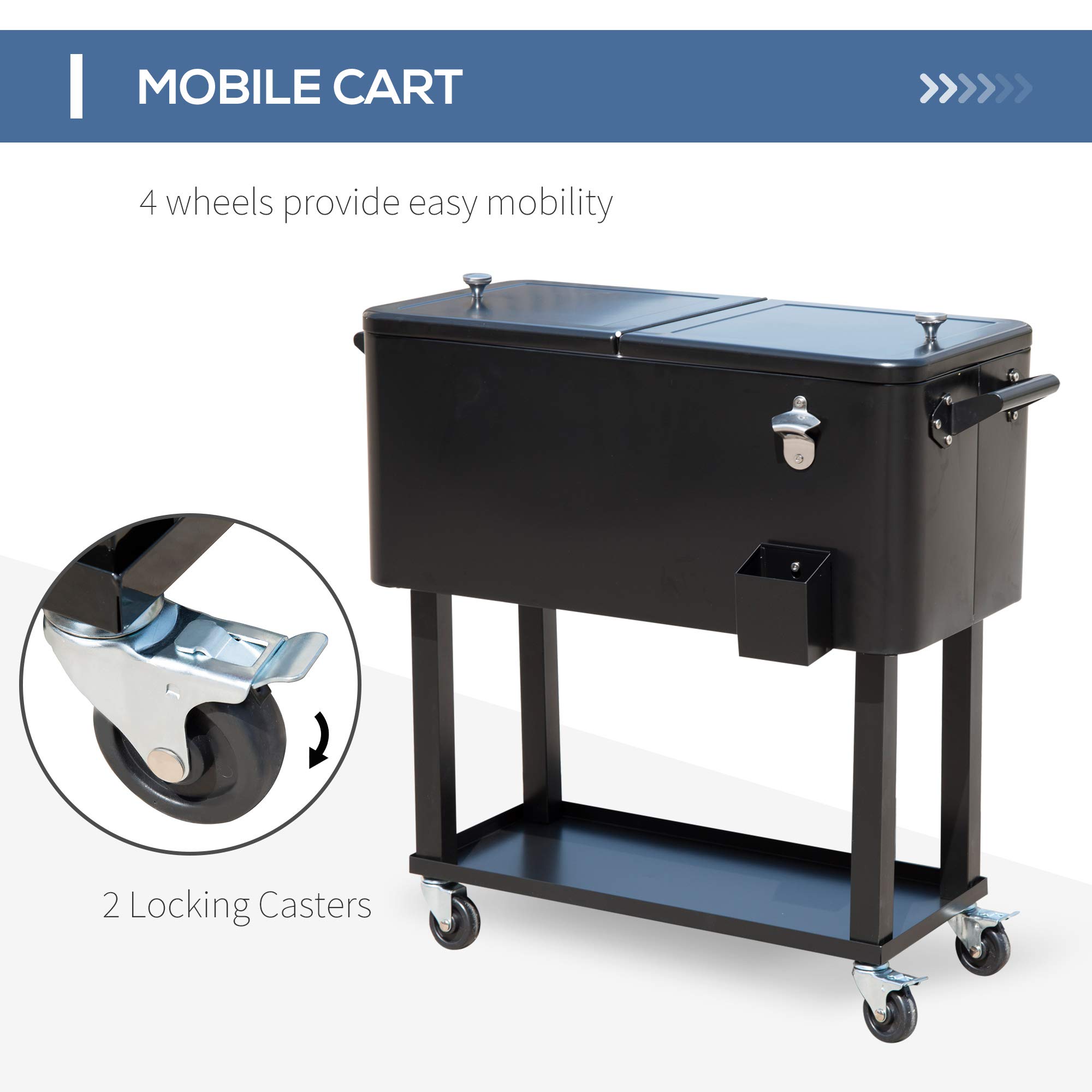 Outsunny 80 QT Rolling Cooler with Wheels - Portable Outdoor Ice Chest for Camping, Beach, BBQ & Tailgate Parties - Insulated Stand-Up Drink Cooler Cart in Black