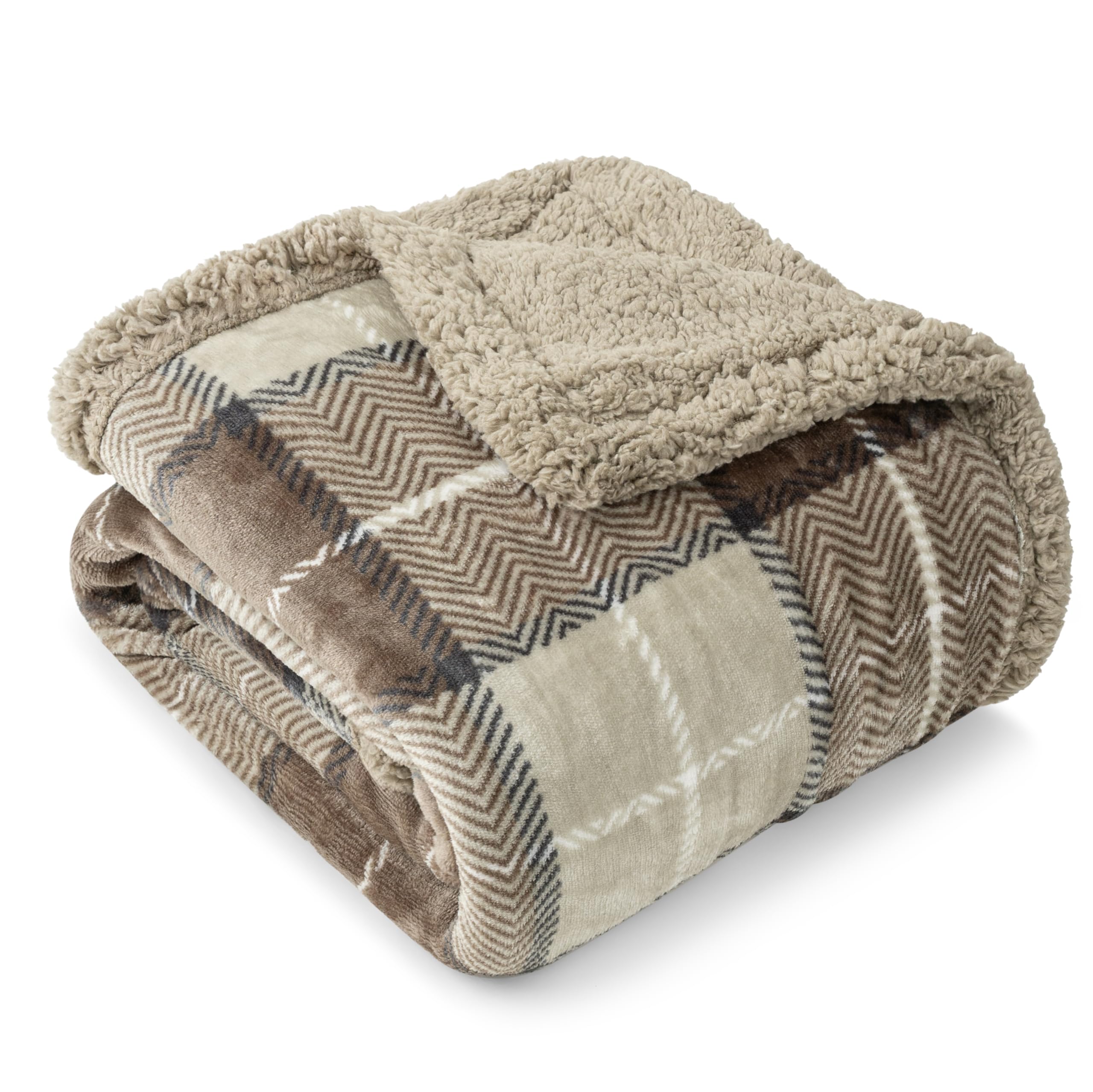 PAVILIA Taupe Plaid Sherpa Throw Blanket - 60x80 Inches Soft Fuzzy Fleece Blanket for Couch, Bed & Winter - Cozy Cabin Decor & Warm Gift for Women, Men, Twins - Perfect for Living Room, Sofa, Dorm & Fireplace Snuggling