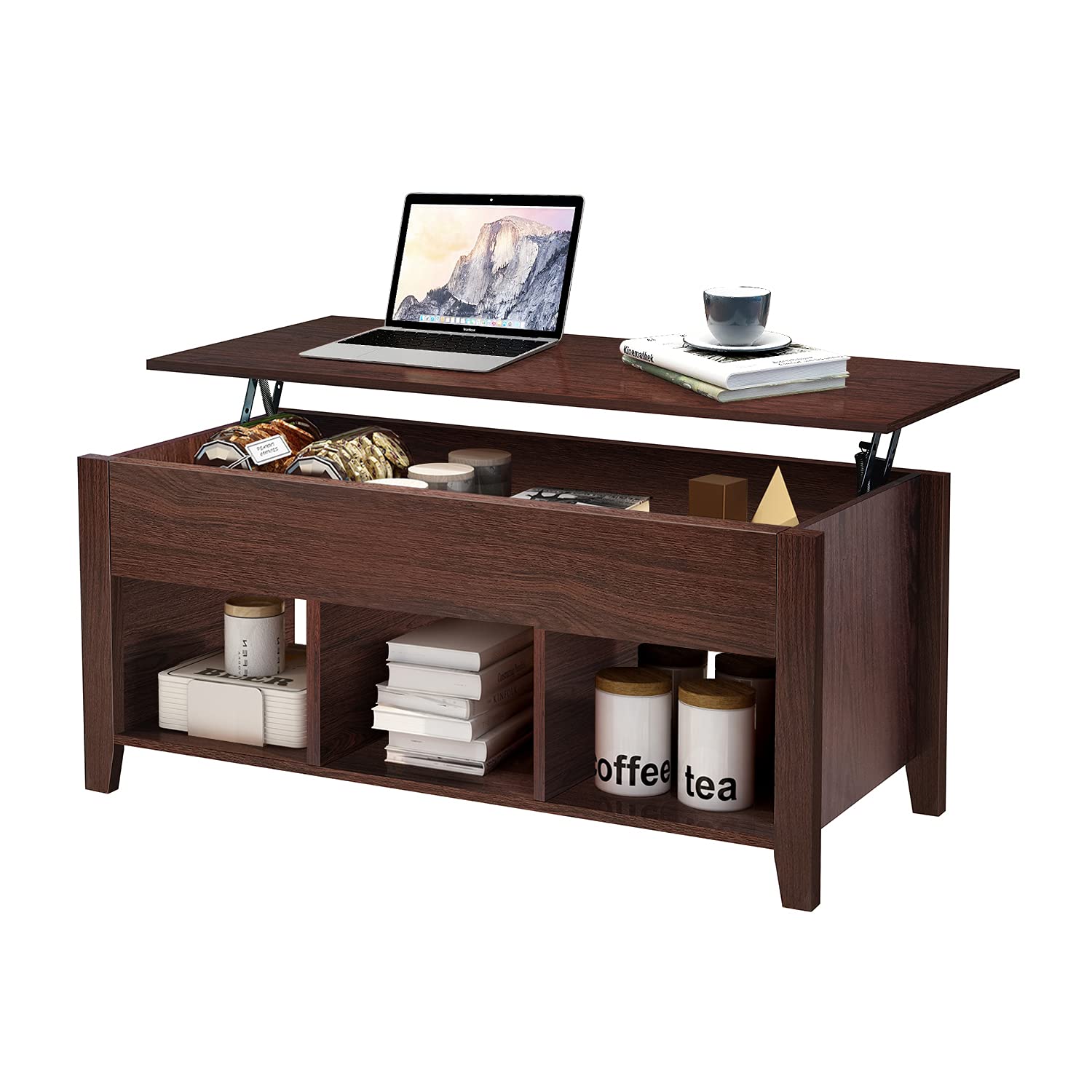 Rustic Lift Top Coffee Table with Storage Shelf & Hidden Compartment - Solid Wood Lift-Top Cocktail Table for Living Room, Home Office, Dorm & Apartment (Brown) | Perfect for Small Spaces, Entertaining & Multifunctional Use