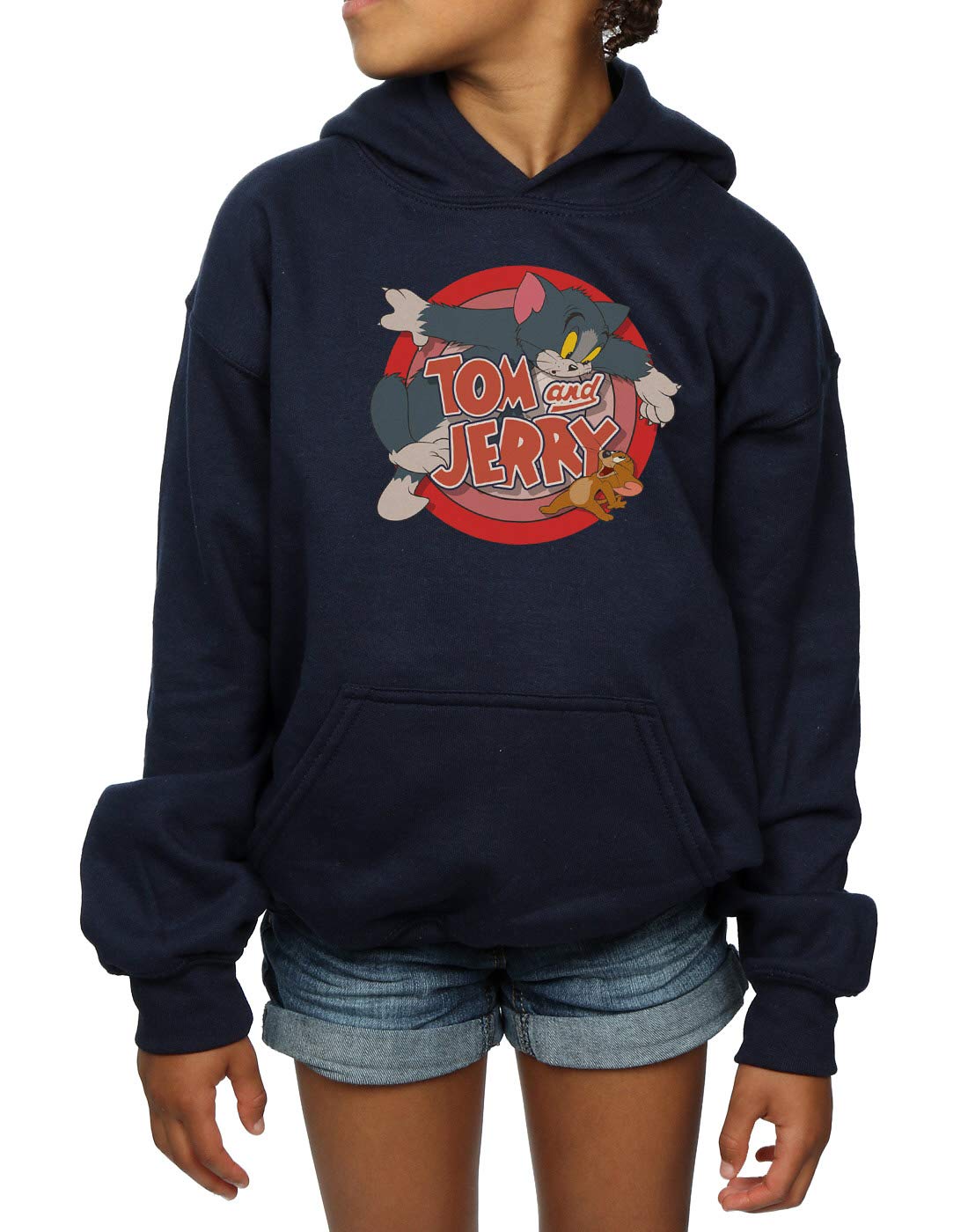 TOM and JERRY Girls Classic Catch Hoodie - Navy Blue Pullover Sweatshirt for Kids Age 5-6 | Cute Cartoon Character Hooded Jacket for School, Playdates & Outdoor Activities