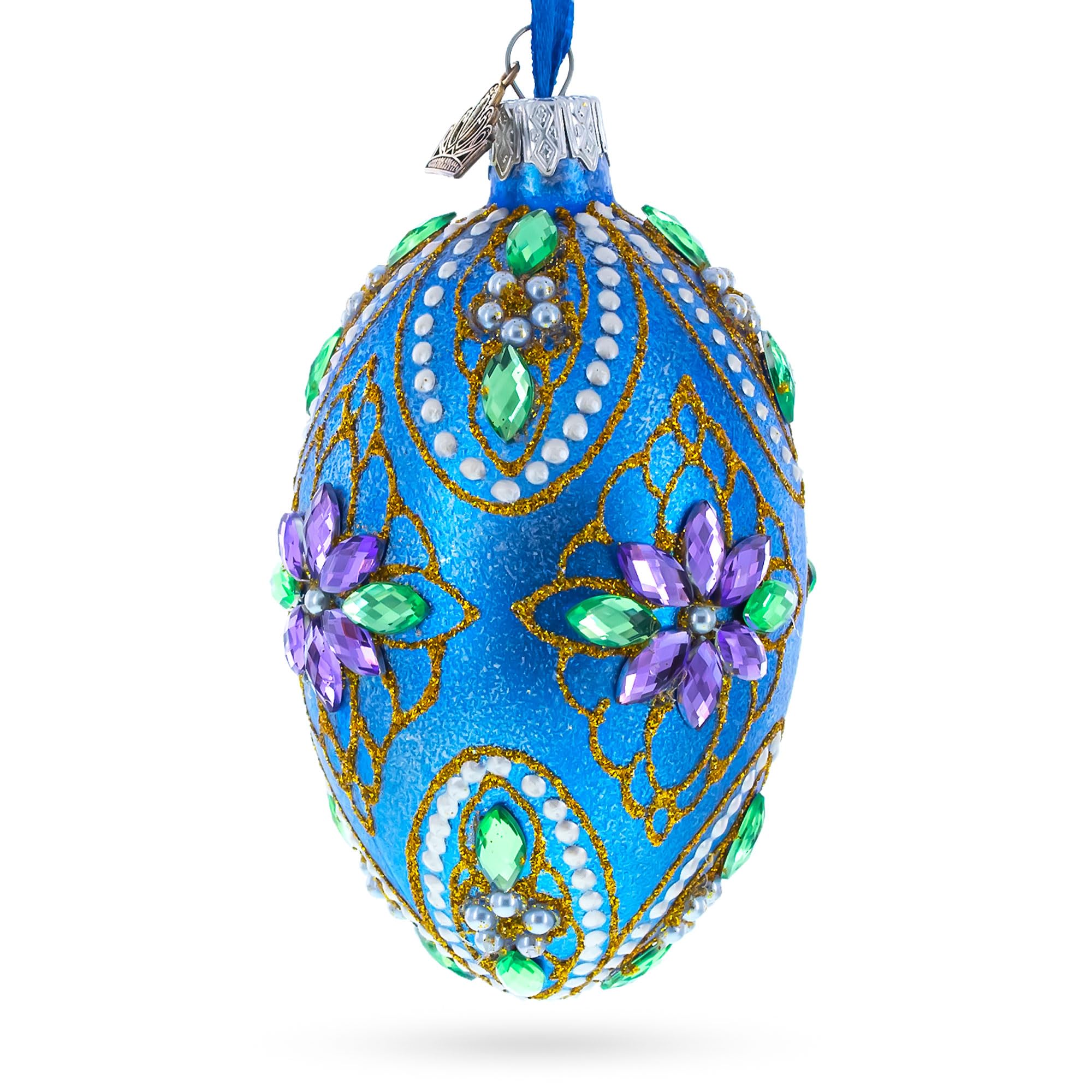 4 Inch Blue Glass Egg Ornament with Jeweled Purple Flowers - Perfect for Easter Decor, Christmas Tree Ornaments & Home Decoration Gifts