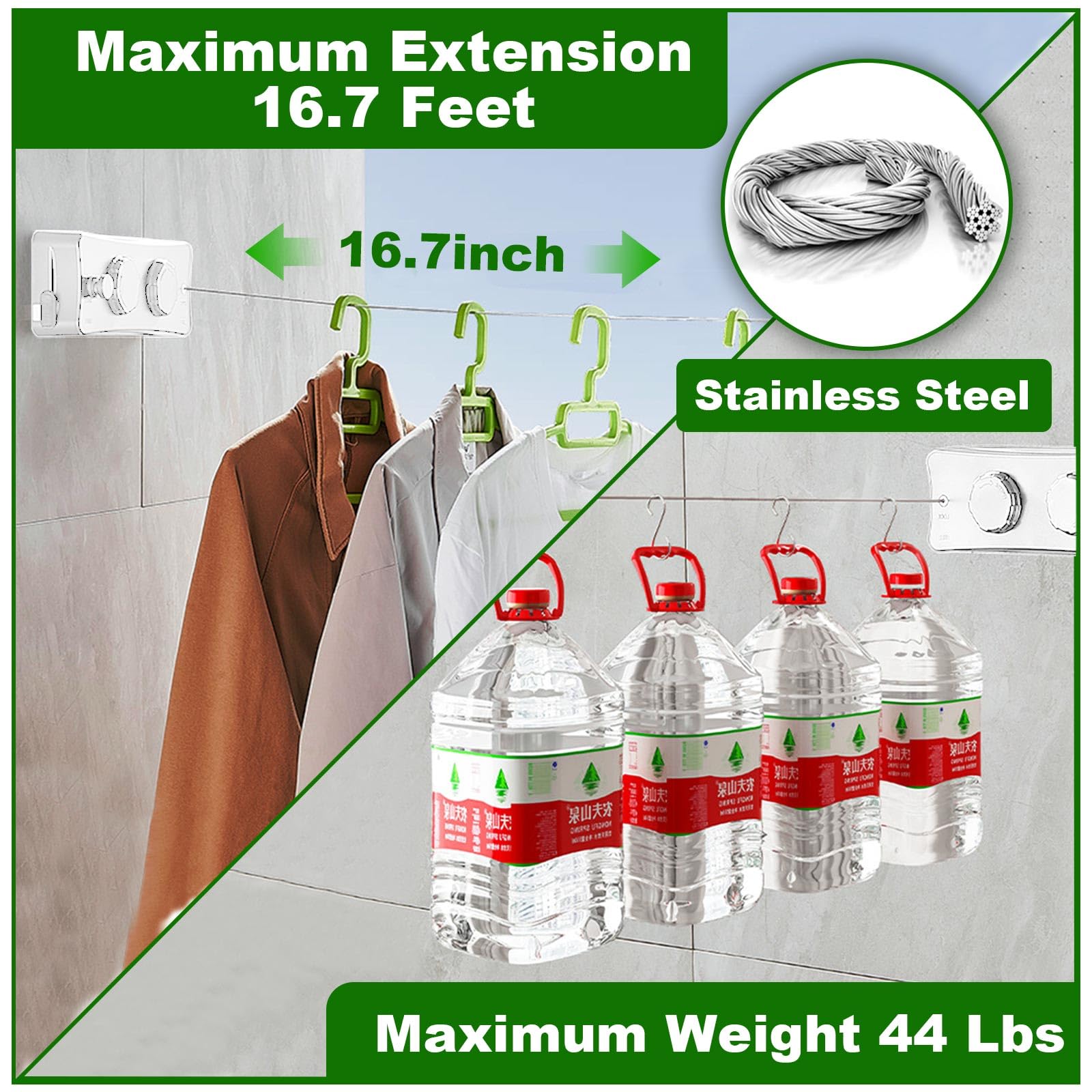 16.7Ft Retractable Clothesline - Heavy Duty Wall Mounted Laundry Drying Line for Indoor & Outdoor Use, White | Perfect for Small Spaces, Apartments, Camping & Travel