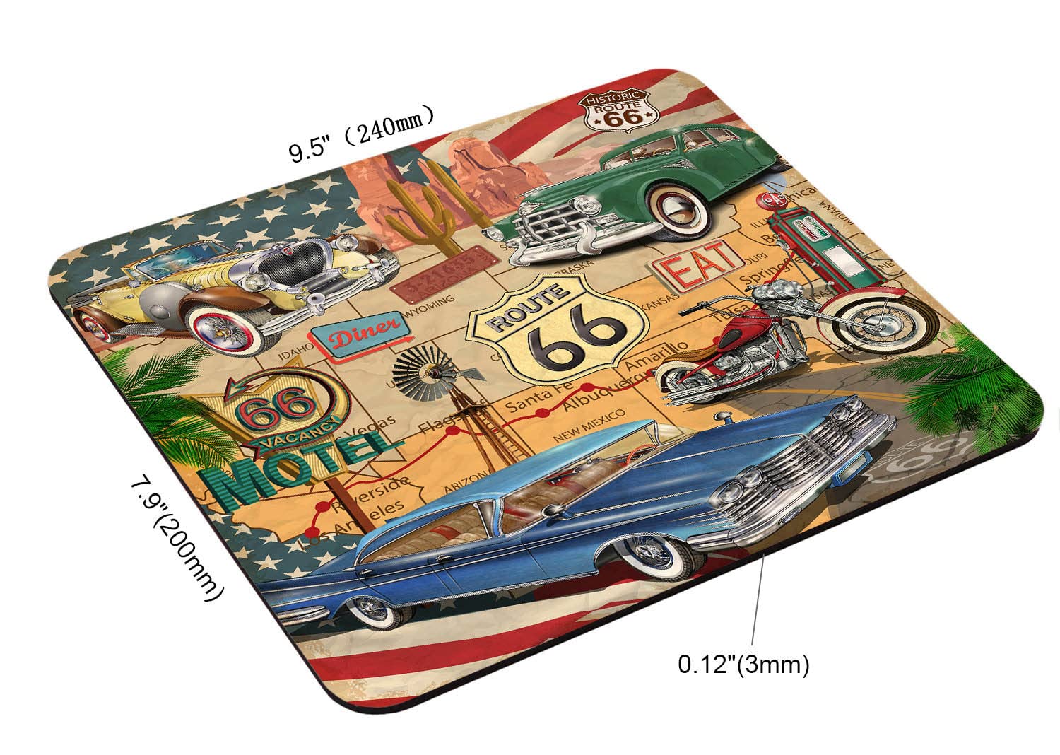 Vintage Route 66 Car Mouse Pad - Non-Slip Rubber Base with Classic American Diner & Motorcycle Design (9.5×7.9×0.12 inches) - Perfect for Office, Gaming & Retro Computer Setup