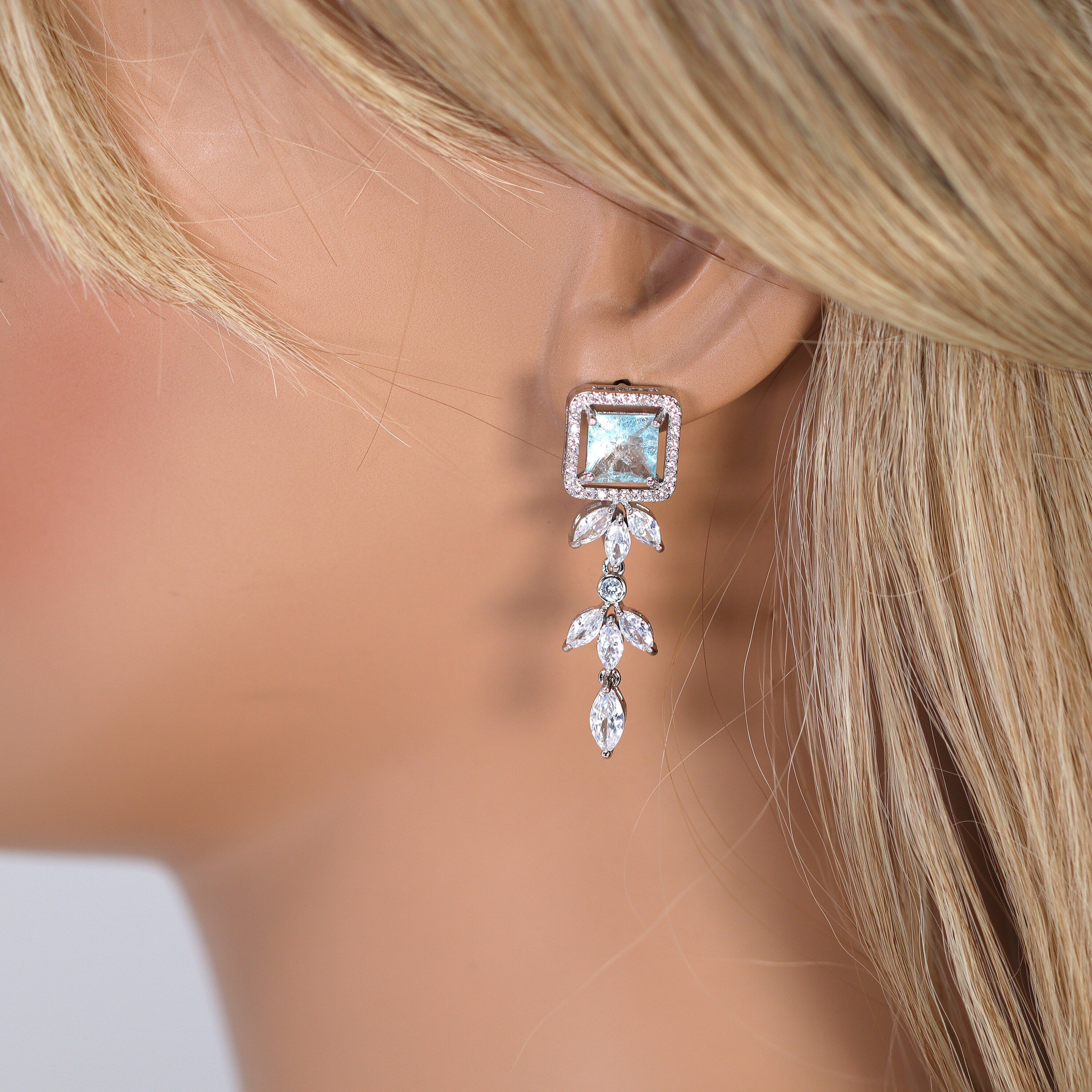 Light Icy Blue Zircon Diamond Crystal Drop Necklace Set - Luxury Bridal Jewelry for Weddings, Anniversaries & Special Occasions | Elegant Statement Necklace for Brides, Prom & Evening Events
