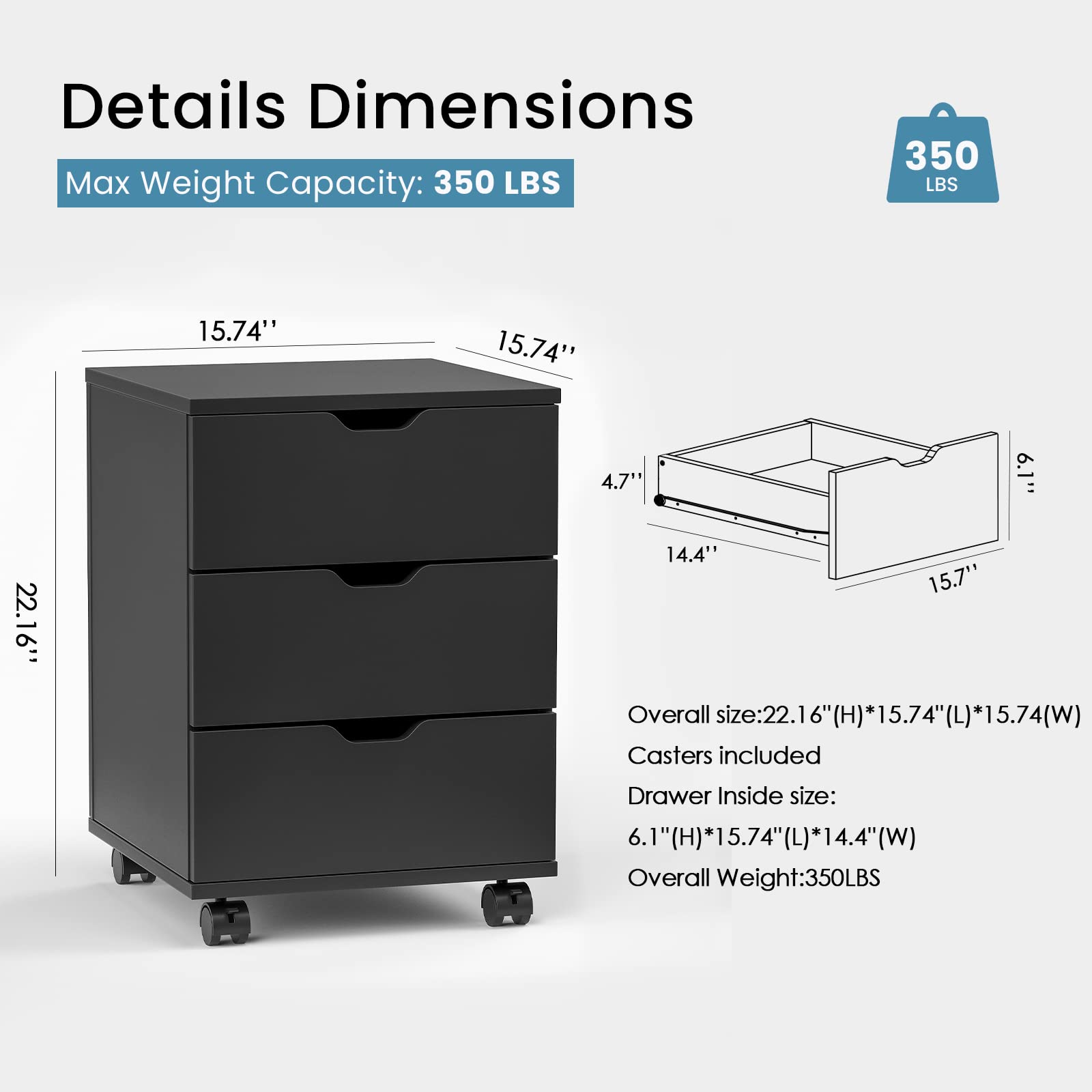 Farini 3-Drawer Mobile File Cabinet - Black Wooden Storage Chest for Home Office, Under Desk Organization, Document & Supplies Storage | Perfect for Office, Study, and Workspace Organization