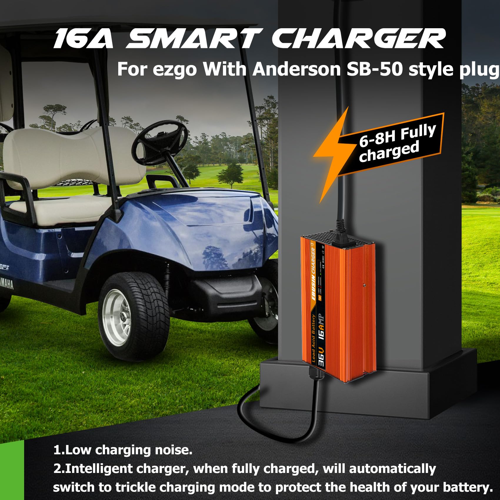 36V Golf Cart Battery Charger - Fast 4-6 Hour Full Charge with Trickle Mode | Compatible with Club Car, EZGO, Yamaha & More | Perfect for Home, Course & RV Use