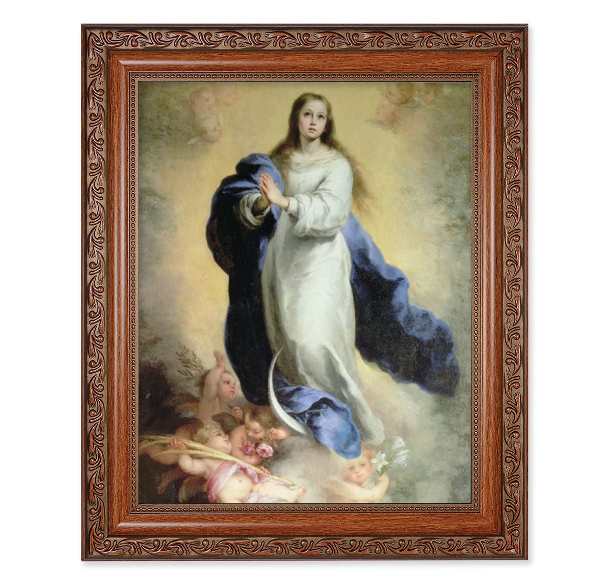 Immaculate Conception Framed Wall Art - Large Religious Home Decor with Antique Dark Mahogany Finish & Acanthus Leaf Design - Perfect for Church, Chapel, or Spiritual Home Decor