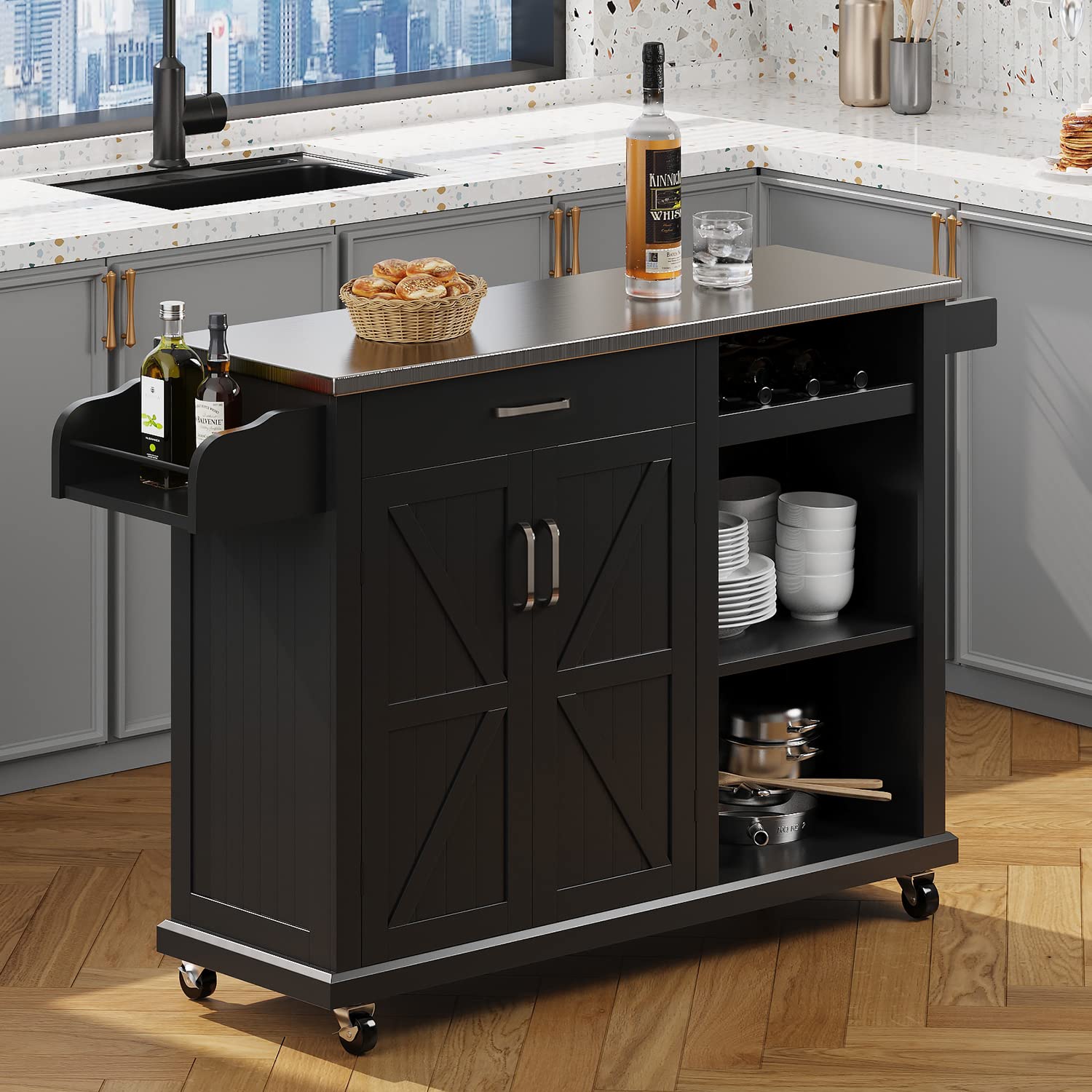 Bolonbi Rolling Kitchen Island with Stainless Steel Top - Mobile Kitchen Storage Cart with Cabinets, Drawers & Wine Rack - Perfect for Small Kitchens, Dining Rooms & Entertaining Spaces - Black