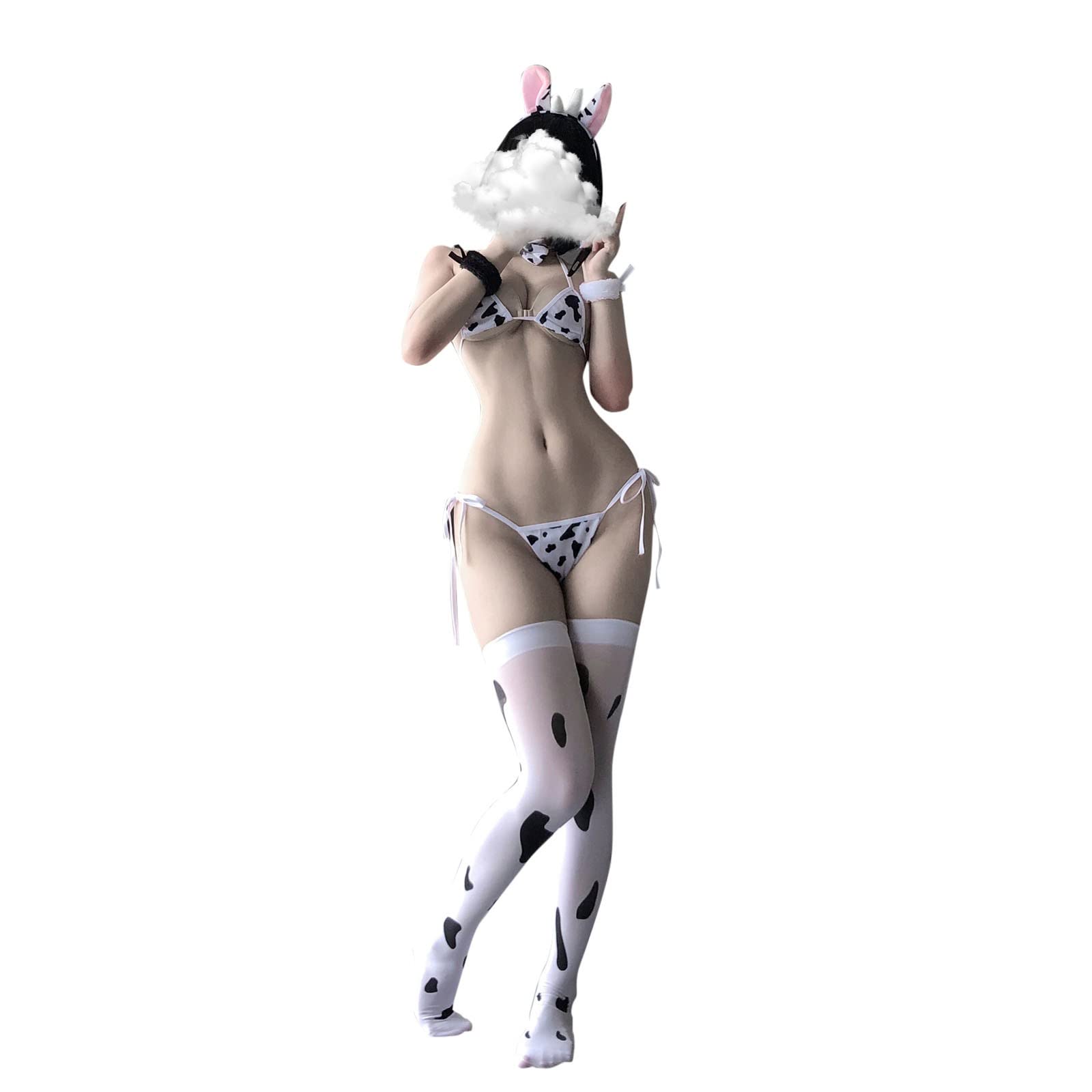 Sexy Lingerie for Women - Sheer Cow Print Cosplay Set with Panties & Headband | Cute Animal Costume for Roleplay, Boudoir Photoshoot & Halloween Party