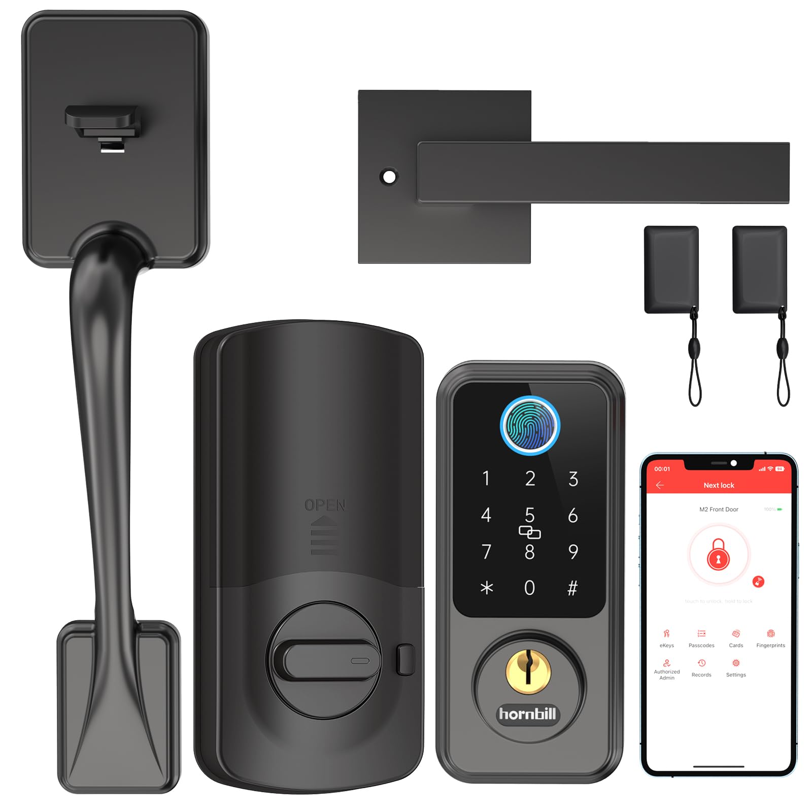 Hornbill Smart Lock for Front Door - Keyless Entry Deadbolt with Handle Set, Bluetooth & Fingerprint Biometric Auto Lock | Secure Home, Office, Apartment & Airbnb | Perfect for Smart Home Security & Keyless Access