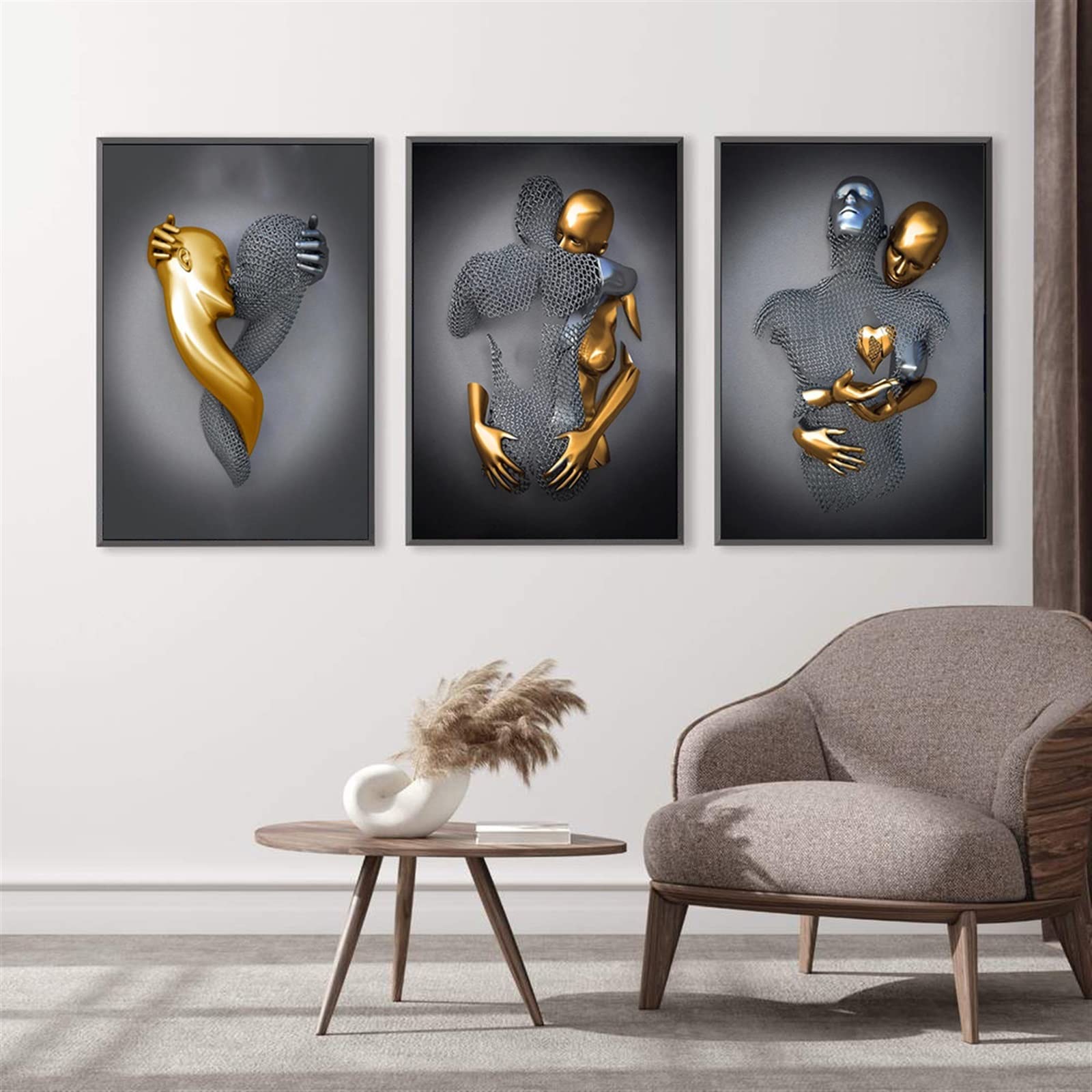 3D Love Heart Wall Art Decor - Gray & Gold Romantic Couple Hug Abstract Painting, Modern Metal Sculpture Effect Print for Bedroom, Living Room, Bathroom | Perfect for Valentine's Gifts, Anniversary Decor & Home Styling