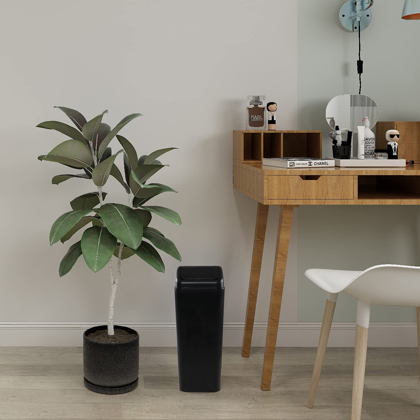 Saedy 12L Plastic Trash Can with Swing Lid - 2 Pack Small Garbage Bin for Bathroom, Kitchen, Office & Bedroom - Odor-Proof & Space-Saving Design (Black)