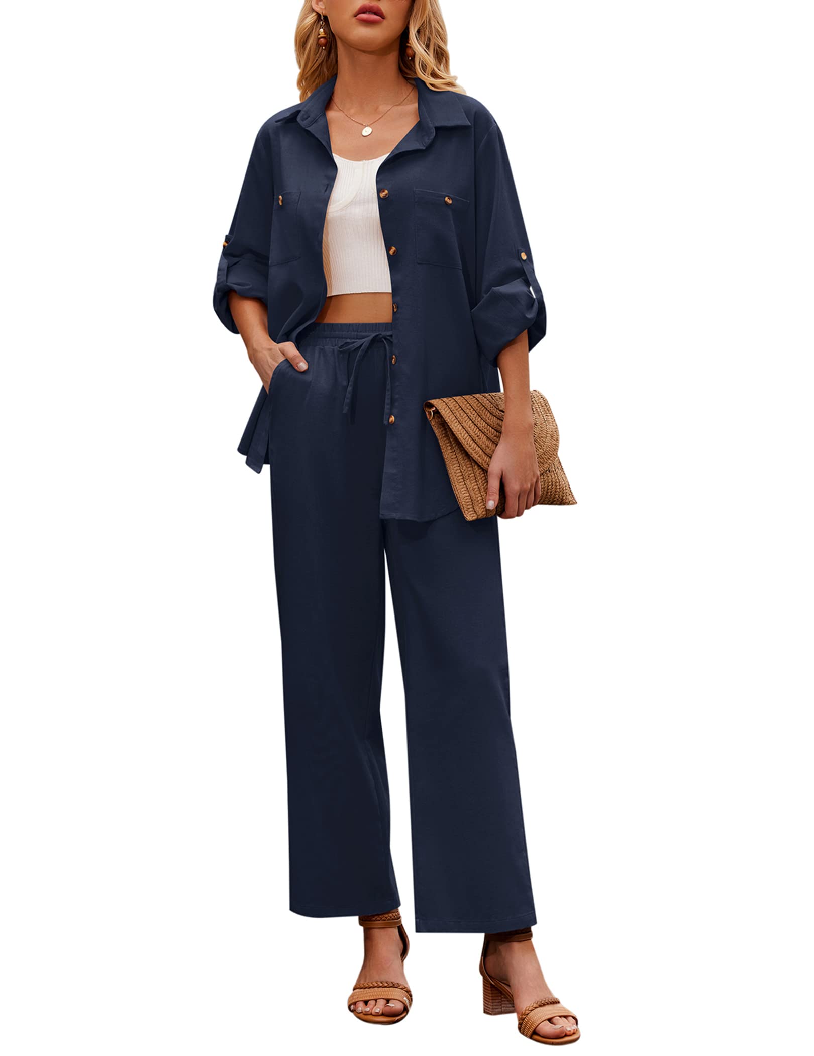 Zeagoo Women's 2-Piece Linen Outfit Set - Button Down Shirt & Drawstring Long Pants for Summer 2023 | Casual Beach Wear, Vacation Outfits & Boho Chic Style