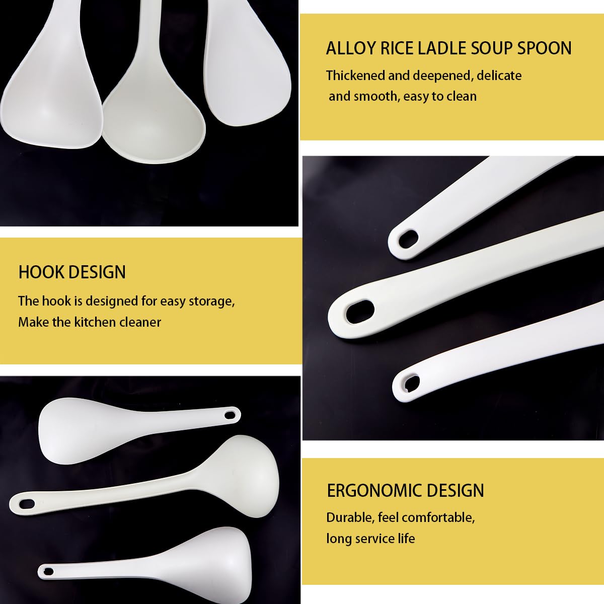 DOERDO 3-Piece Non-Stick Rice Paddle Set - Rice Scooper, Soup Spoon & Cooking Spatula for Rice, Soup, Potatoes - Perfect for Serving, Stirring & Scooping - Ideal for Kitchens, Restaurants & Meal Prep (White)