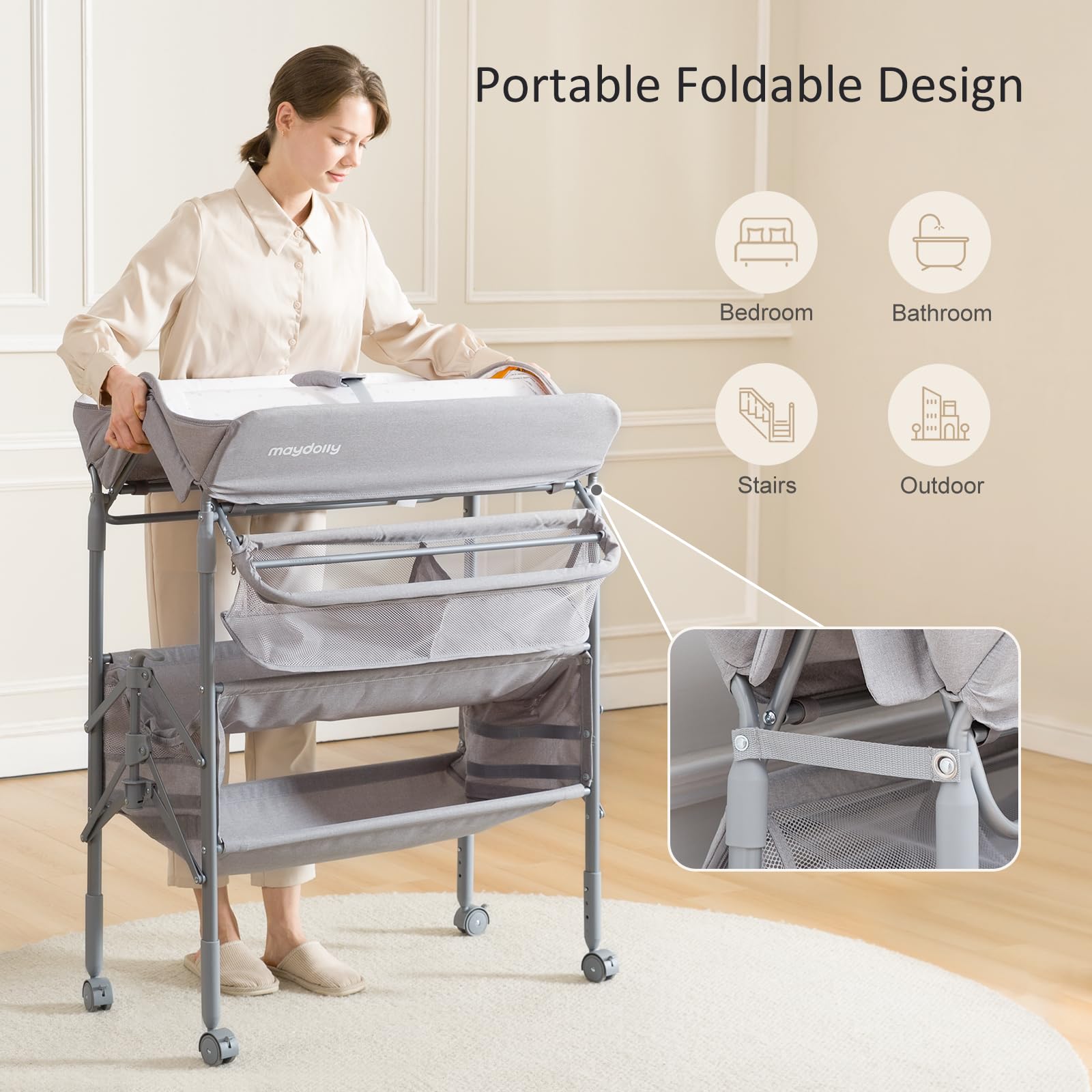 Maydolly Portable Baby Changing Table with Wheels - Adjustable Height, Waterproof Diaper Changing Station & Nursery Organizer - Foldable Design for Newborns & Infants (Grey) - Perfect for Nursery, Bedroom, and Travel Use