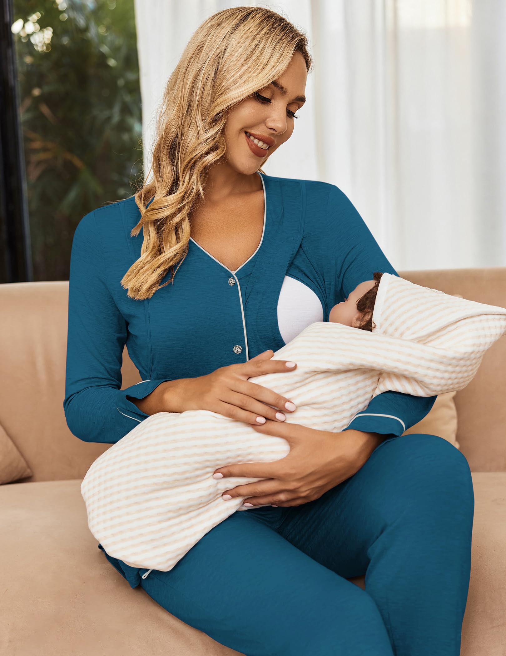 Ekouaer Maternity Pajama Set - Button Down Nursing Sleepwear for Breastfeeding Moms, Soft & Comfortable Pregnancy Pajamas in Blue - Perfect for Nighttime Nursing, Hospital Stay & Postpartum Recovery