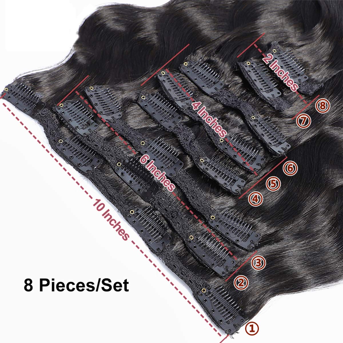 Clip-in Hair Extensions #1B Natural 10A Body Wave 100% Virgin Human Hair - 8pc/Lot 125g with 16 Clips (26 Inch) for Volume & Length - Perfect for Parties, Weddings & Daily Styling