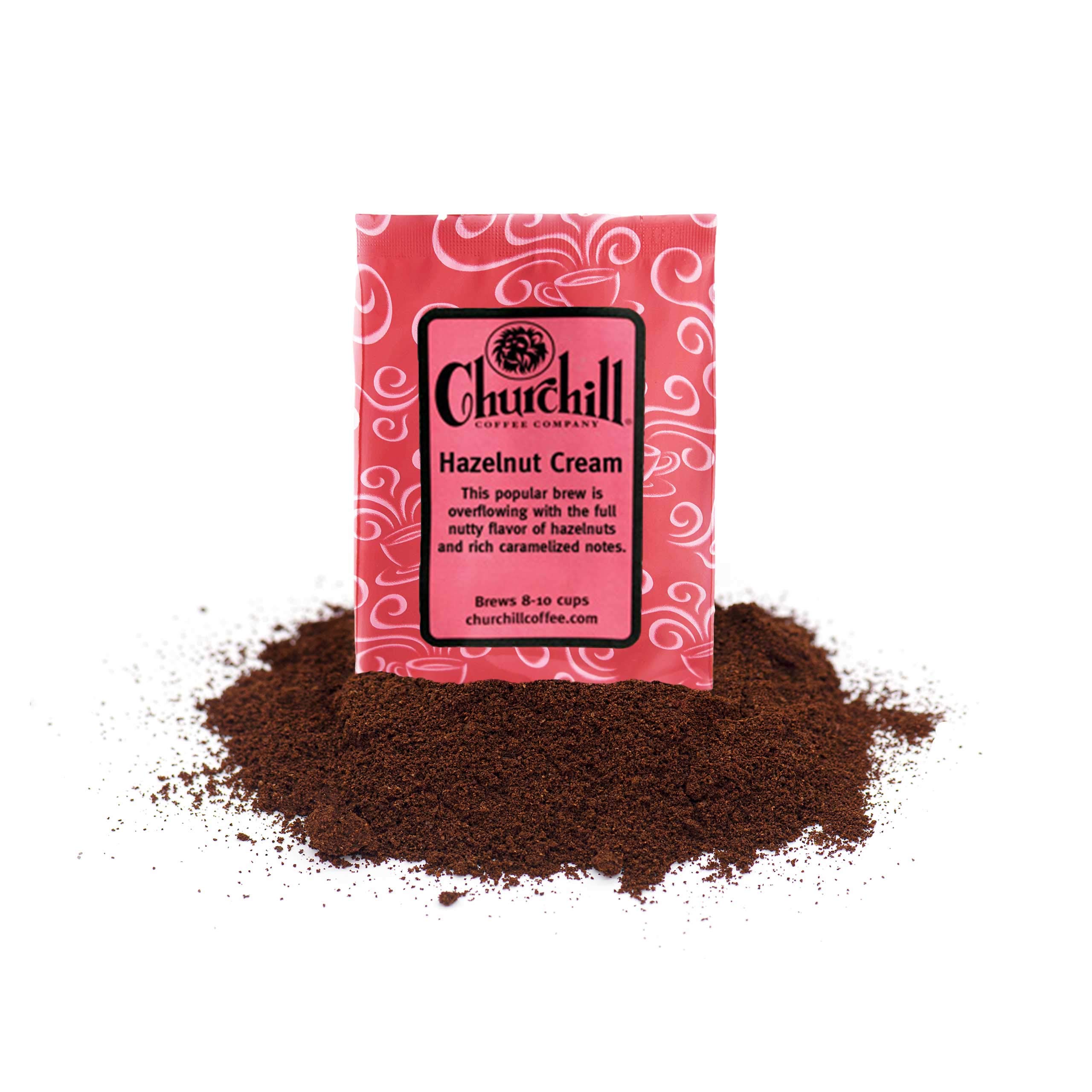 Churchill Hazelnut Cream Flavored Ground Coffee - 10 Single Serve Portioned Packs (1.5 oz Each) - Perfect for Office, Home Brewing & Gift Giving