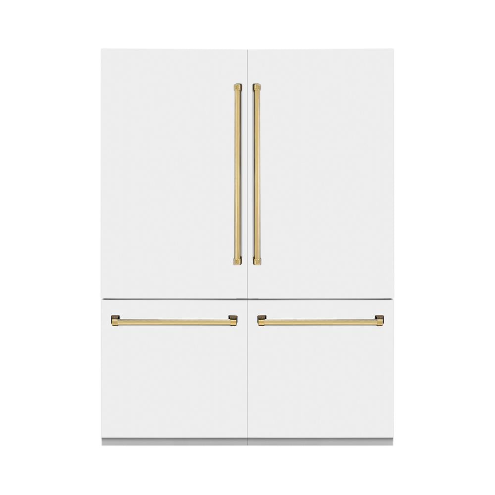 ZLINE Autograph Edition 60-Inch French Door Refrigerator with Bottom Freezer - 32.2 cu.ft Capacity, Built-In Water Dispenser & Ice Maker - White Matte Finish with Polished Gold Accents (RBIVZ WM 60 G) - Perfect for Modern Kitchens & Luxury Homes