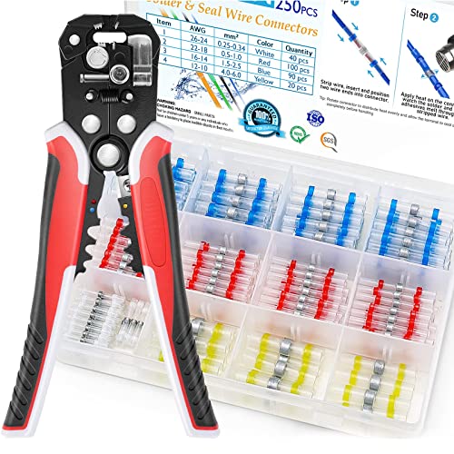 250 Pcs Waterproof Solder Seal Wire Connectors Kit with Automatic Wire Stripper Tool - Electrical Wiring, Automotive, Marine & DIY Projects