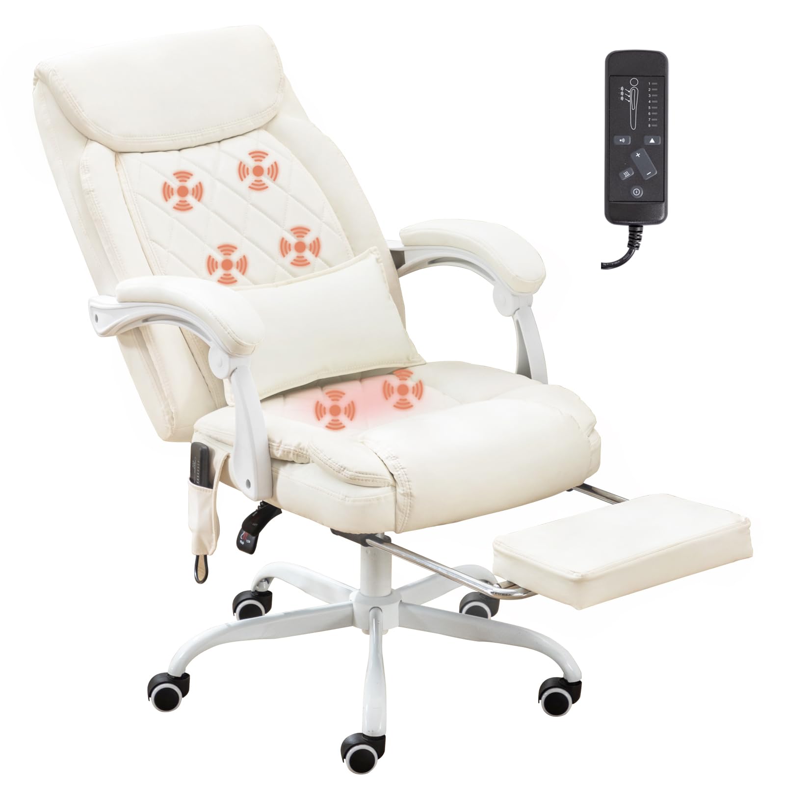 Premium Ergonomic Executive Massage Office Chair with Heating, 90-135° Recline & Footrest - High Back Leather Computer Desk Chair with Wheels & Padded Cushion (Cream White) - Perfect for Home Office, Gaming & Workspaces